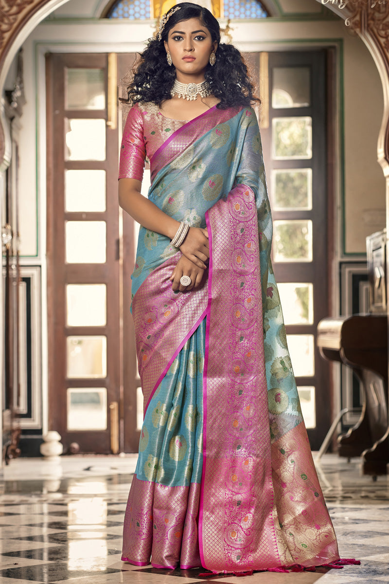 Organza Fabric Festive Style Wonderful Saree In Light Cyan Color