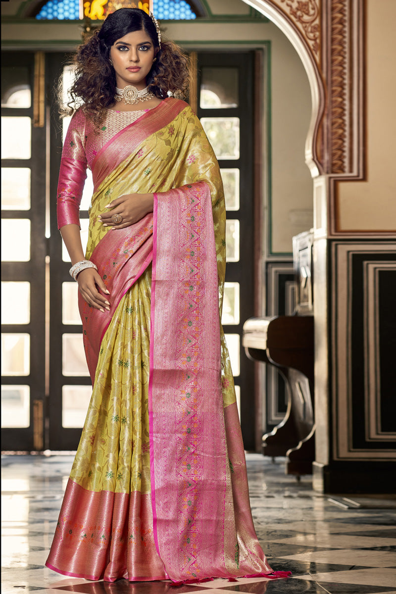Organza Fabric Yellow Color Festive Style Fantastic Saree