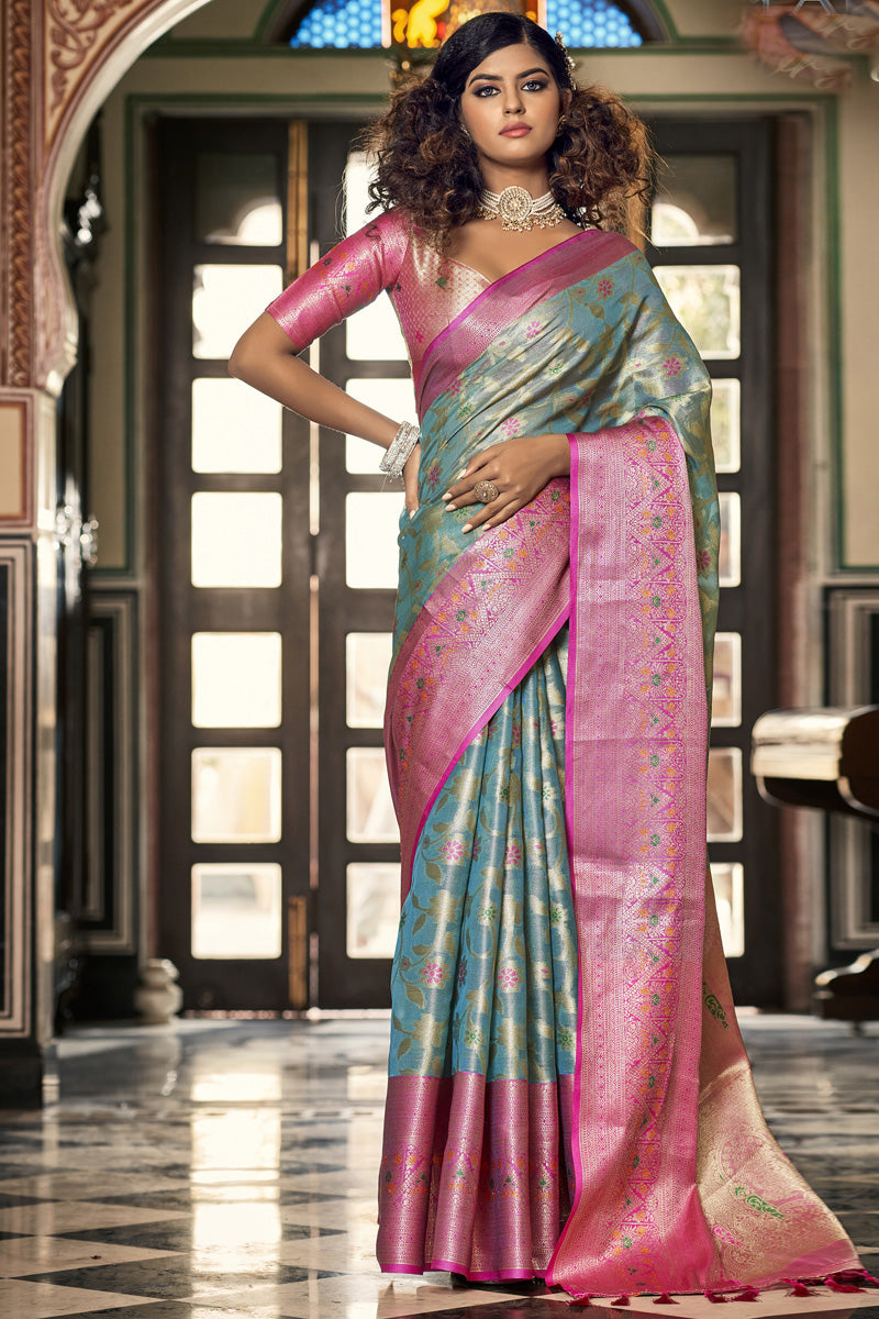 Organza Fabric Festive Style Awesome Saree In Sky Blue Color