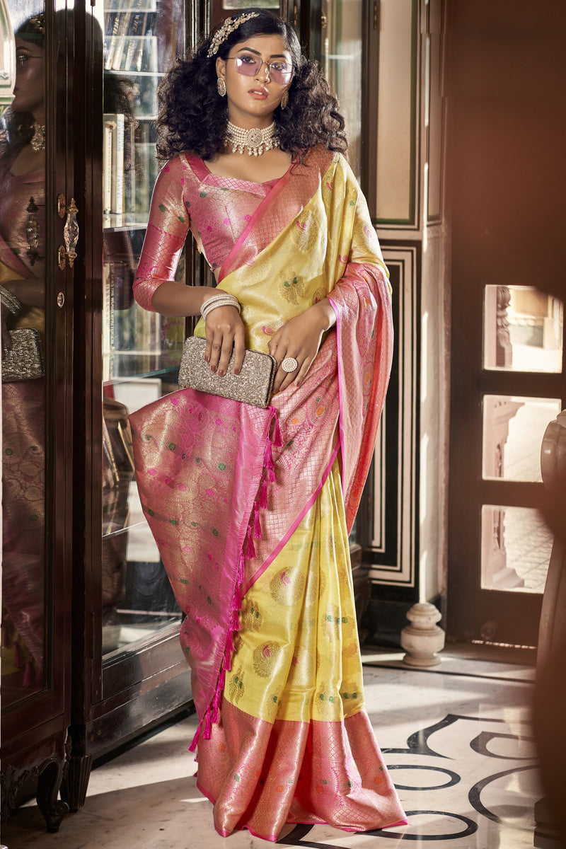 Organza Fabric Yellow Color Ingenious Festive Style Saree
