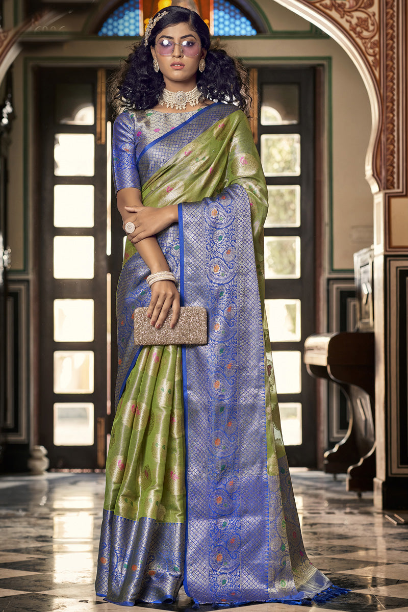Green Color Organza Fabric Appealing Festive Style Saree