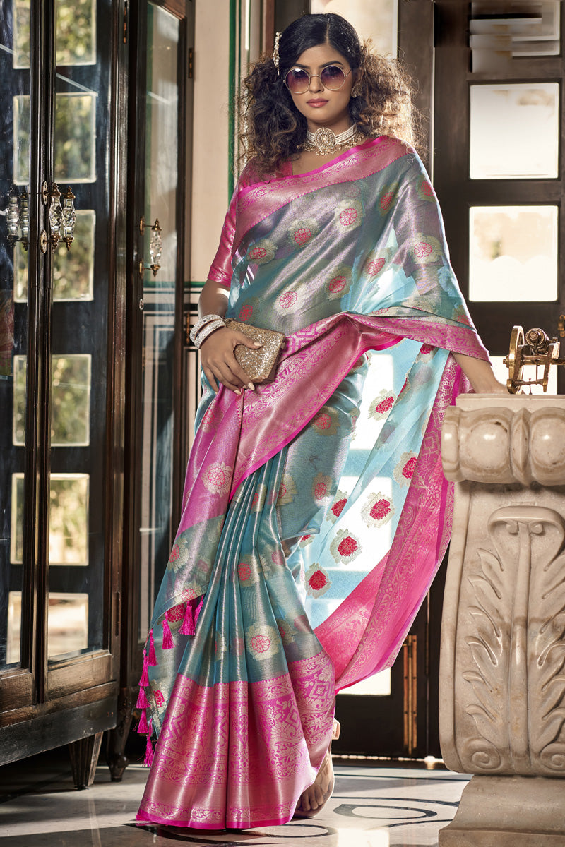 Festive Style Organza Fabric Cyan Color Enticing Saree