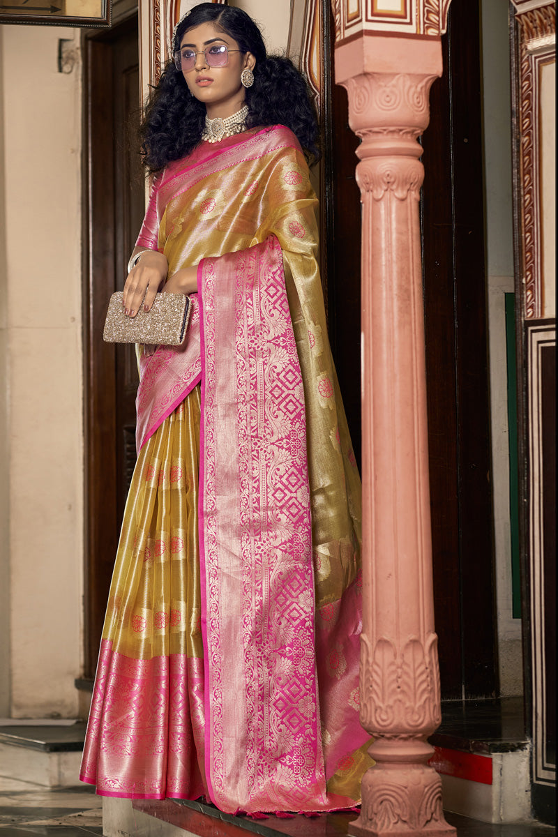 Mustard Color Festive Style Delicate Organza Fabric Saree
