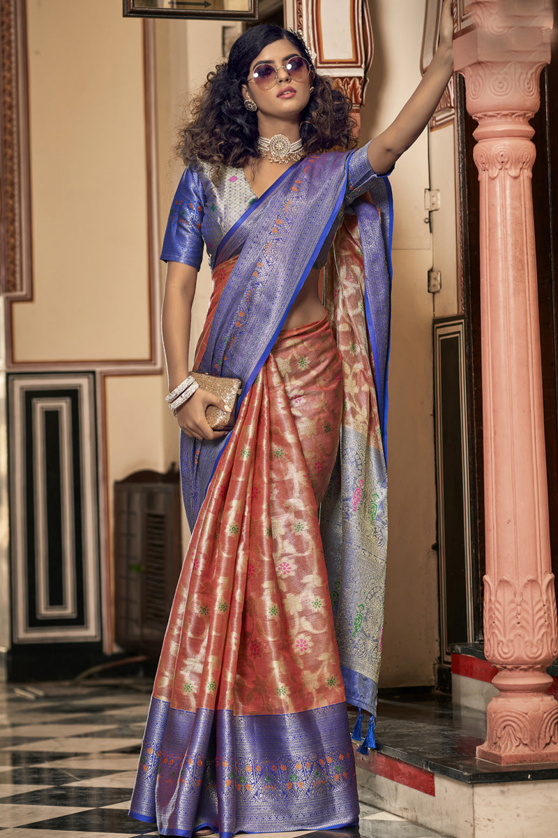 Rust Color Organza Fabric Festive Style Appling Saree