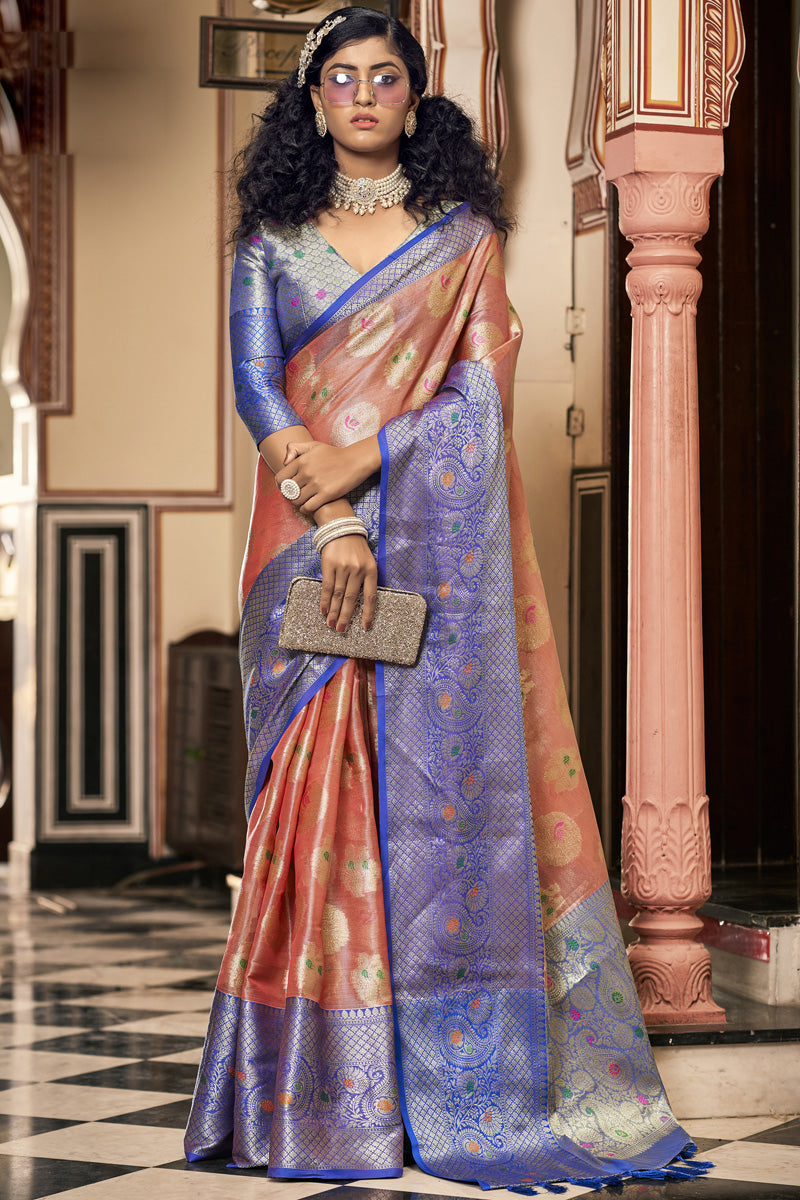 Organza Fabric Peach Color Festive Style Soothing Saree