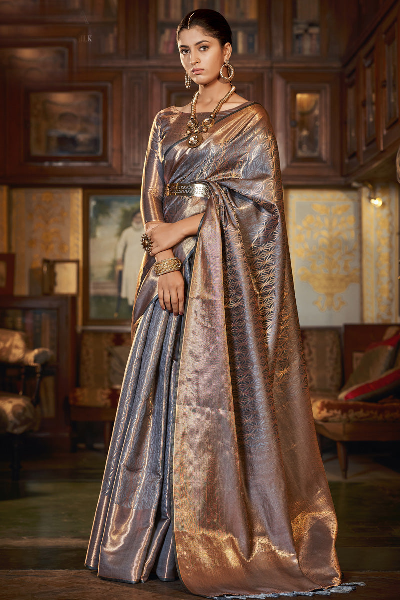 Grey Color Kanjivaram Silk Fabric Glorious Saree