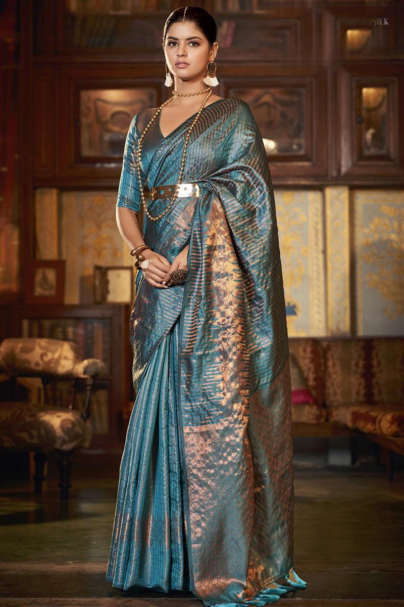 Delicate Kanjivaram Silk Fabric Cyan Color Saree