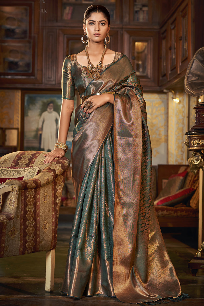 Blazing Dark Green Color Kanjivaram Silk Fabric Saree