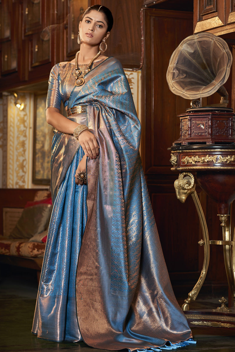 Sober Sky Blue Color Kanjivaram Silk Fabric Saree
