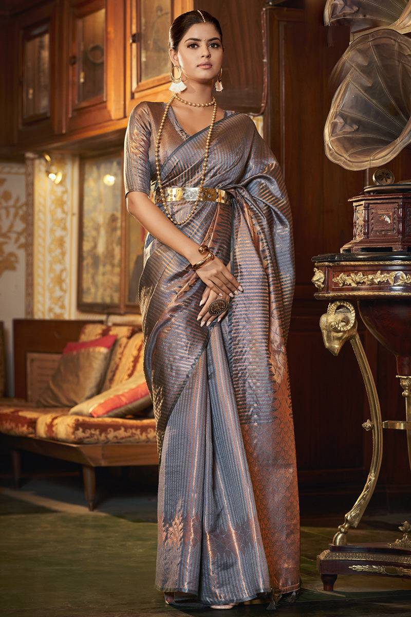 Kanjivaram Silk Fabric Grey Color Gorgeous Saree