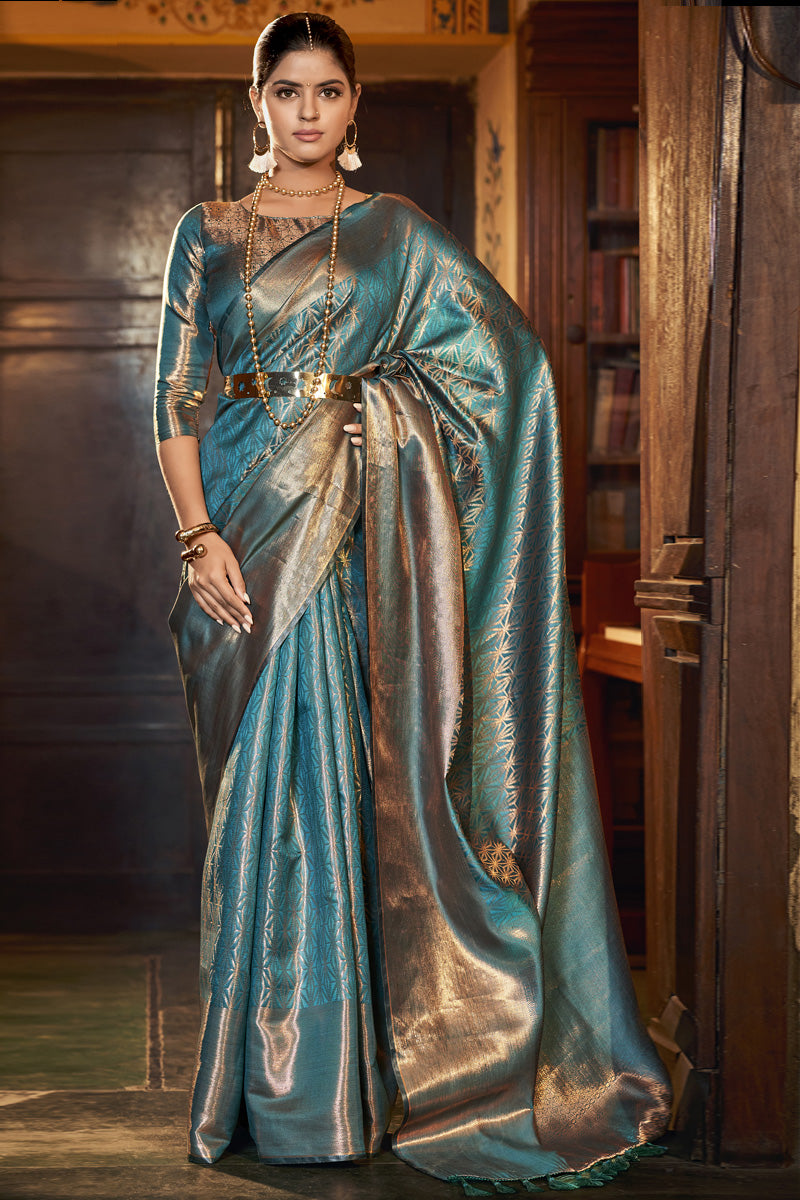 Cyan Color Kanjivaram Silk Fabric Pleasant Saree