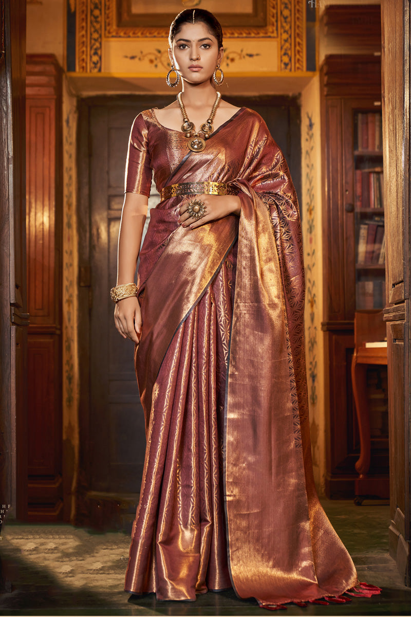 Kanjivaram Silk Fabric Peach Color Brilliant Saree
