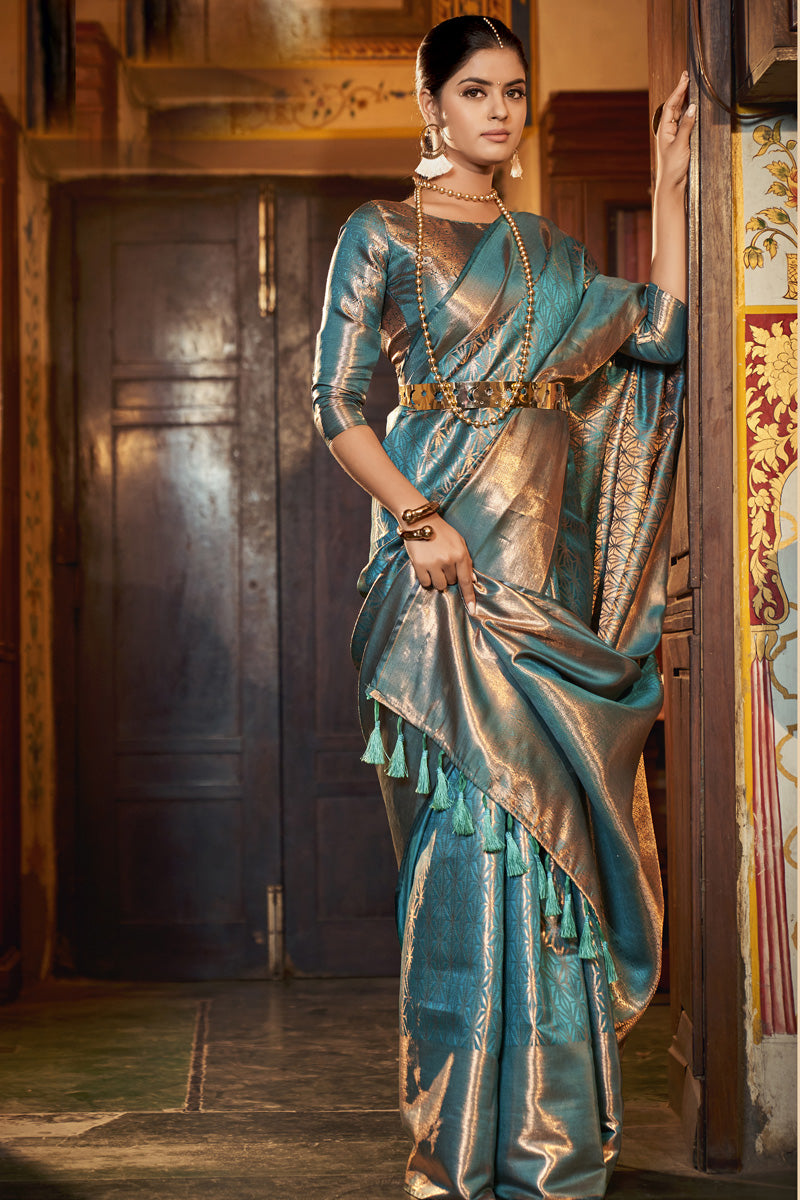 Kanjivaram Silk Fabric Imposing Saree In Light Cyan Color