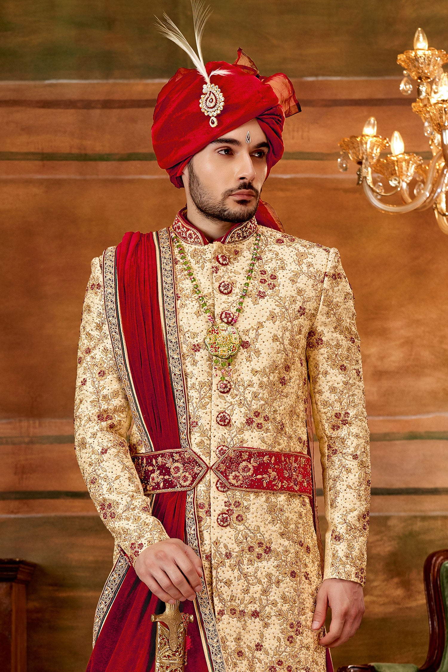 Golden Color Jacquard Fabric Hand Work Shrewani