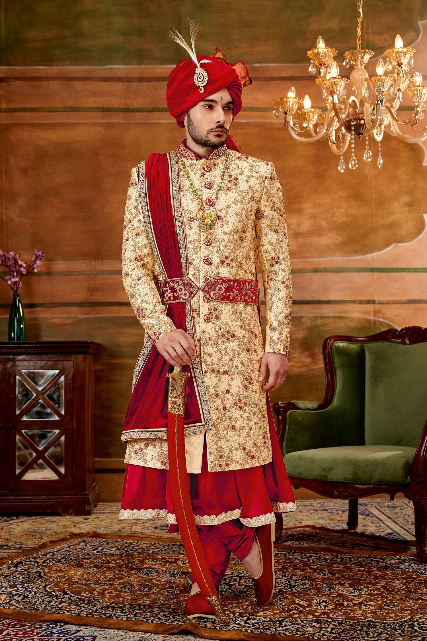 Golden Color Jacquard Fabric Hand Work Shrewani
