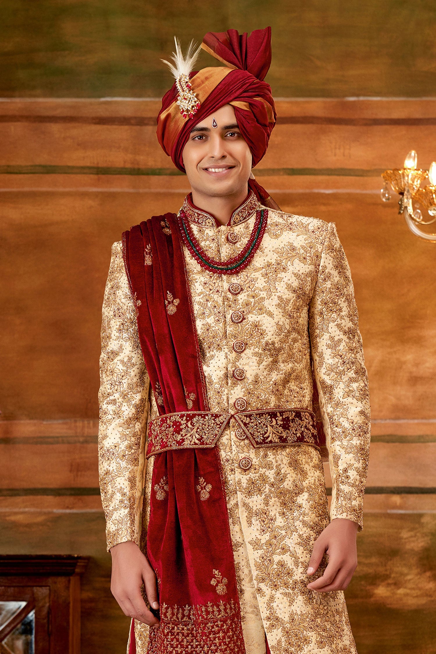 Stunning Golden Color Hand Work Shrewani