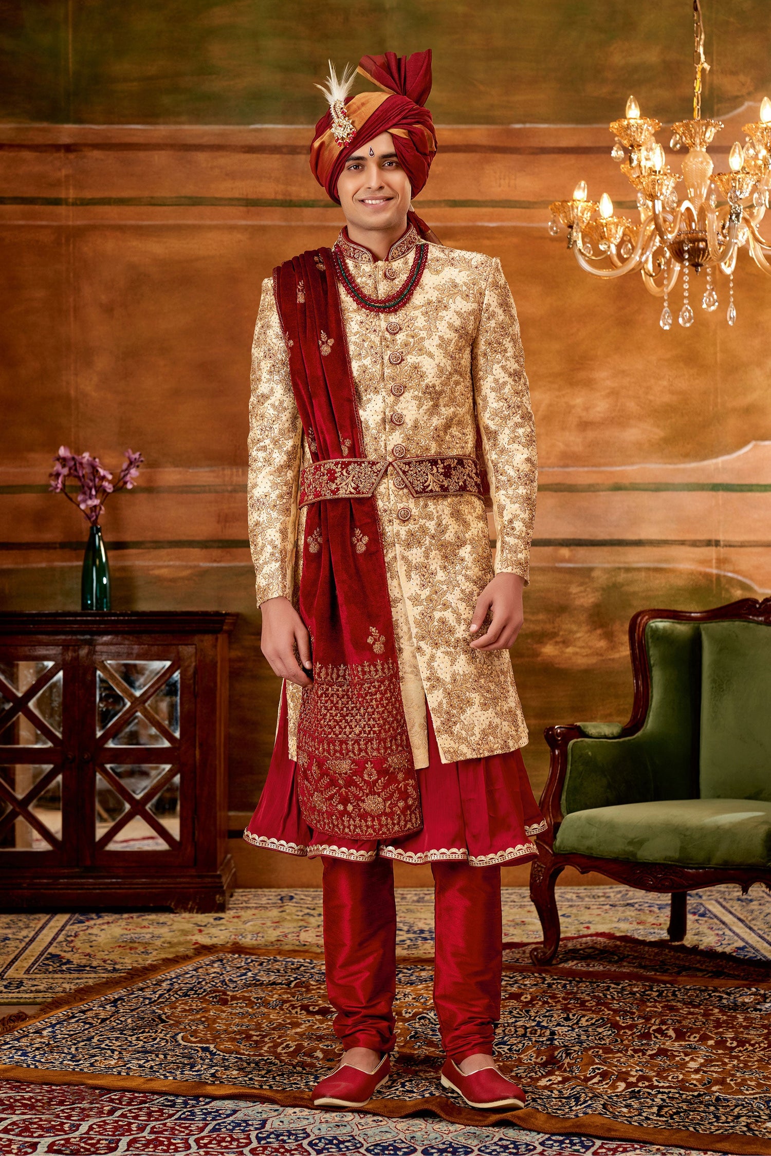 Stunning Golden Color Hand Work Shrewani