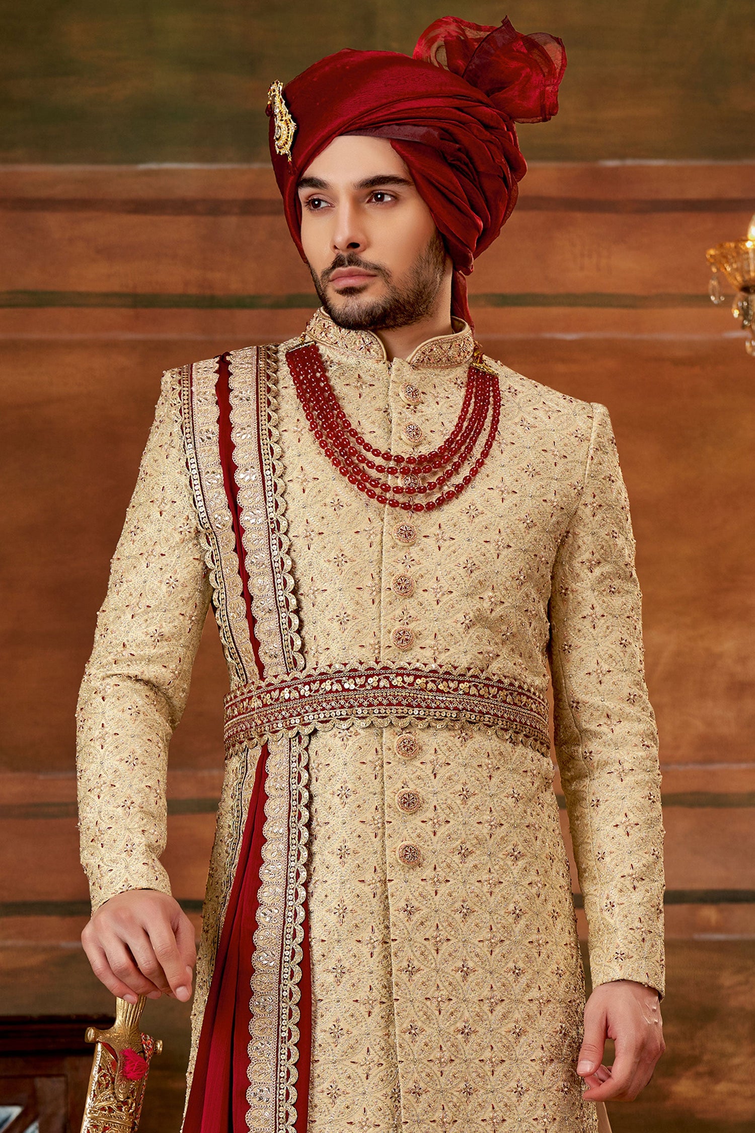 Golden Color Art Silk Fabric Hand Work Shrewani