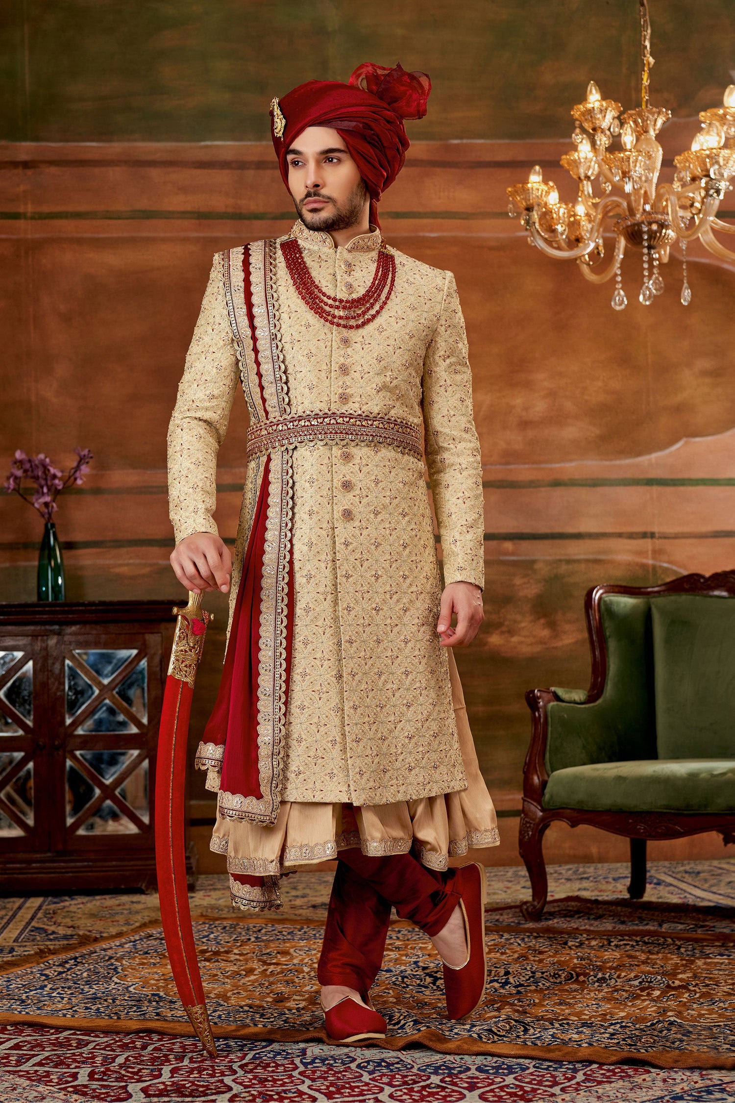 Golden Color Art Silk Fabric Hand Work Shrewani