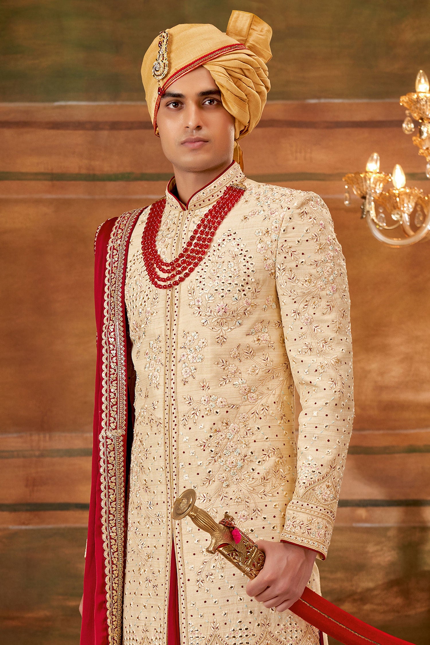 Art Silk Fabric Hand Work Shrewani In Golden Color