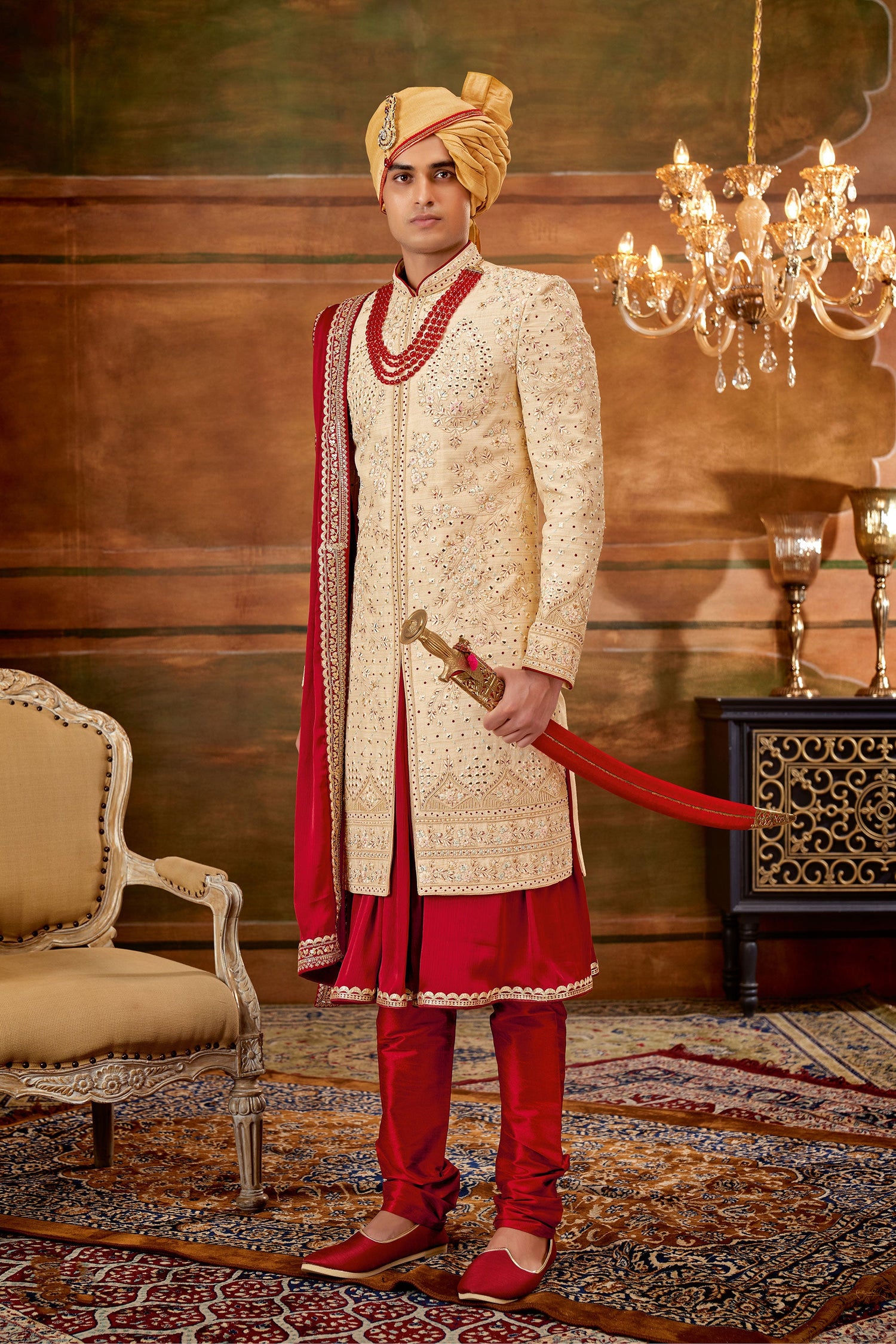 Art Silk Fabric Hand Work Shrewani In Golden Color