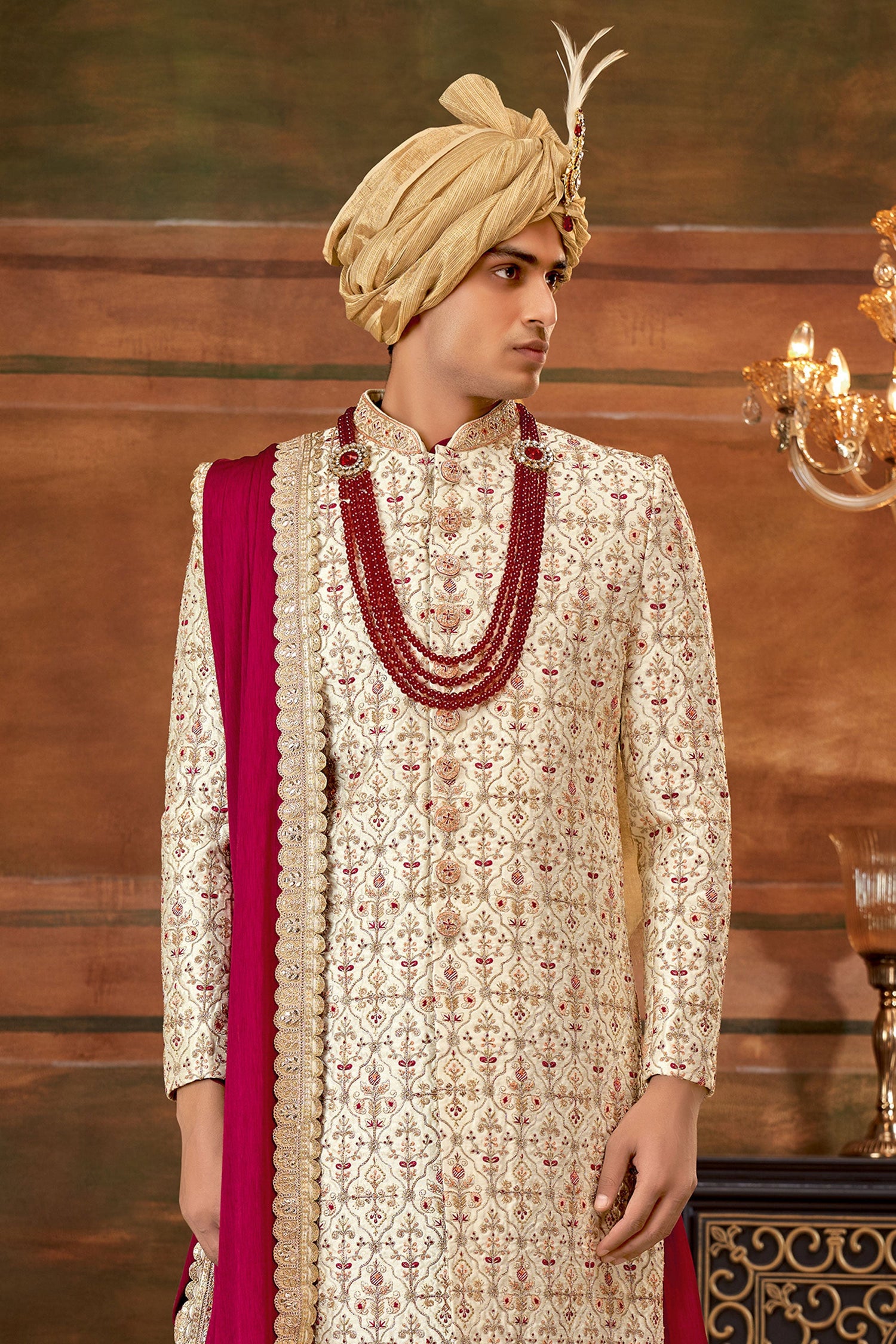 Attractive Cream Color Shrewani In Art Silk Fabric