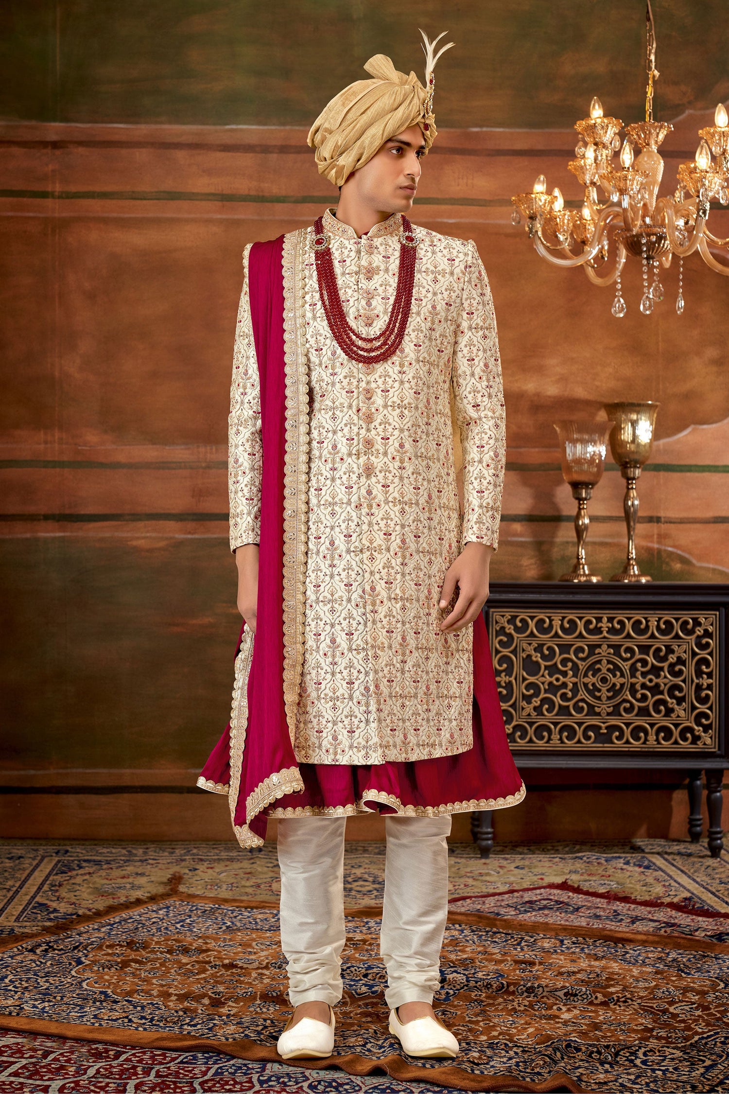 Attractive Cream Color Shrewani In Art Silk Fabric