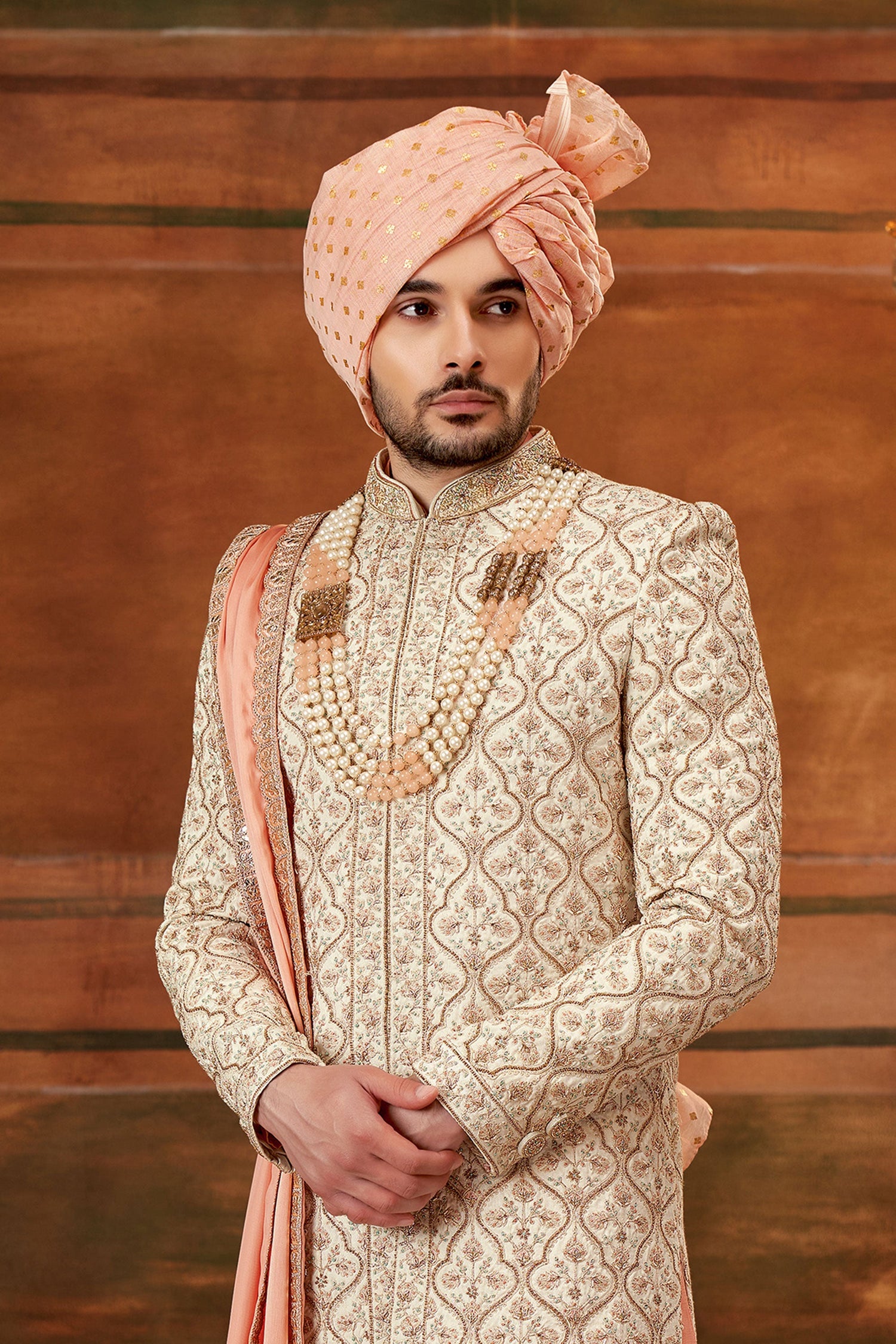 Enriching Cream Color Art Silk Fabric Shrewani