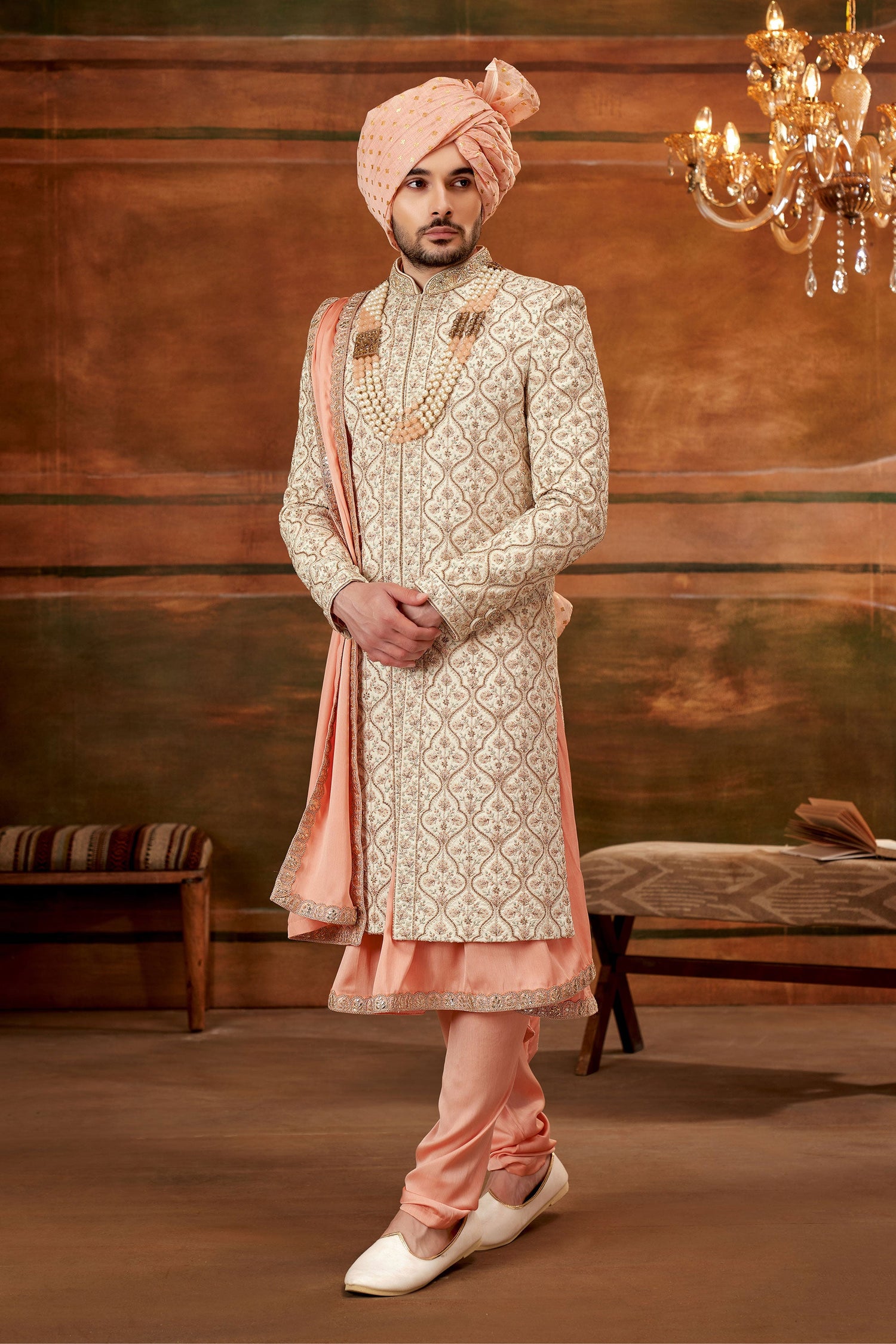 Enriching Cream Color Art Silk Fabric Shrewani