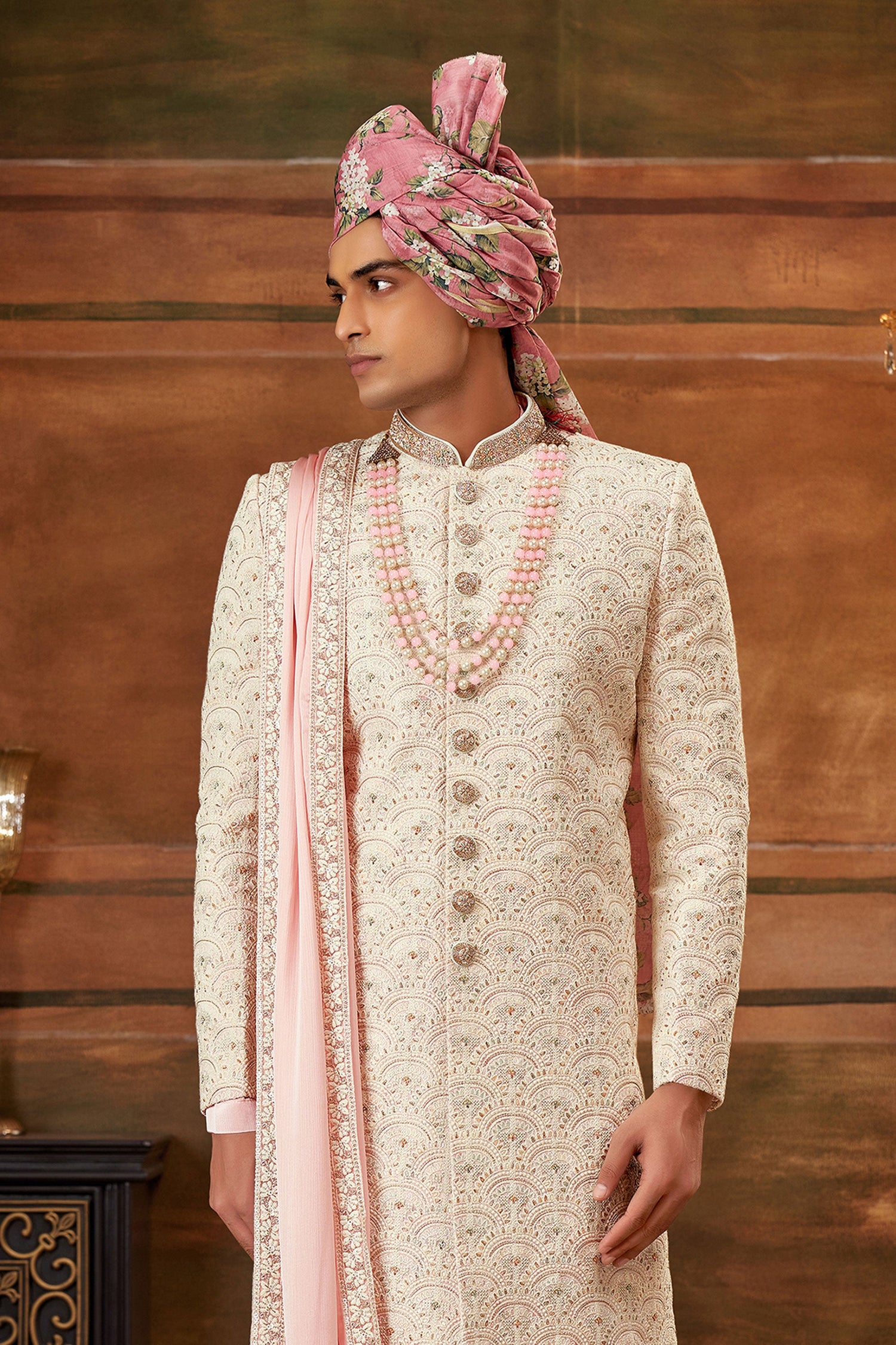 Cream Color Georgette Fabric Hand Work Shrewani