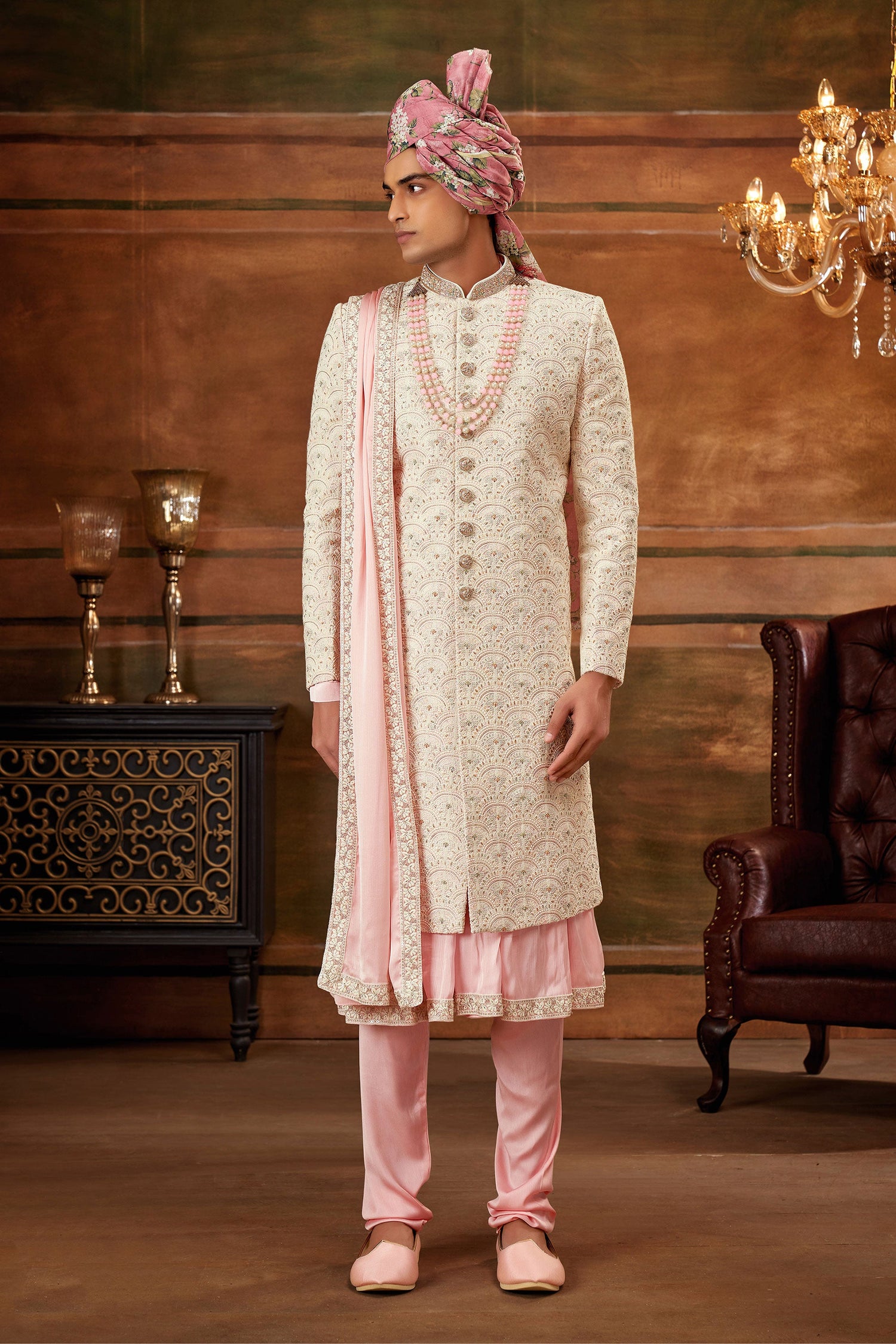 Cream Color Georgette Fabric Hand Work Shrewani