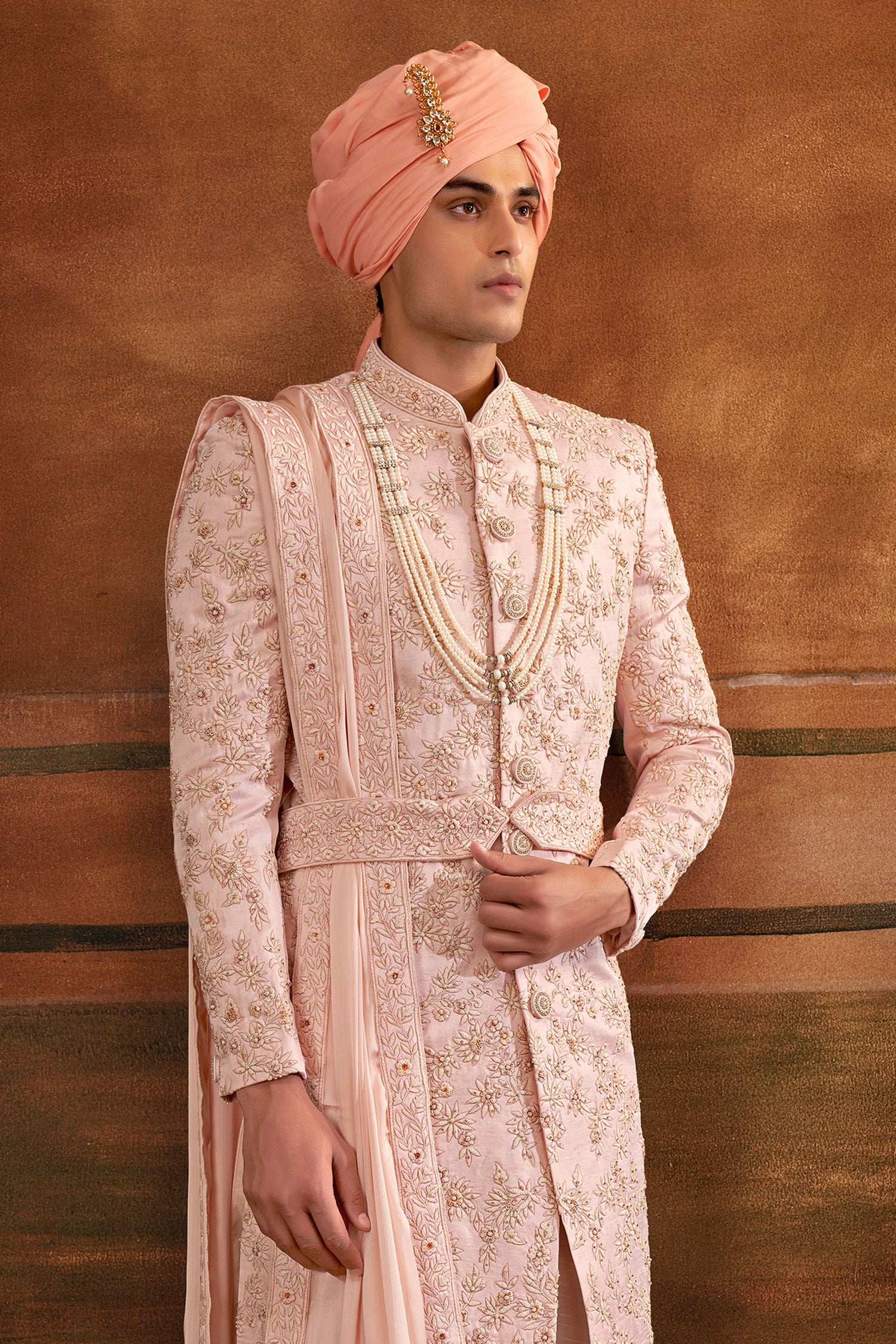 Majestic Pink Art Silk Fabric Hand Work Shrewani
