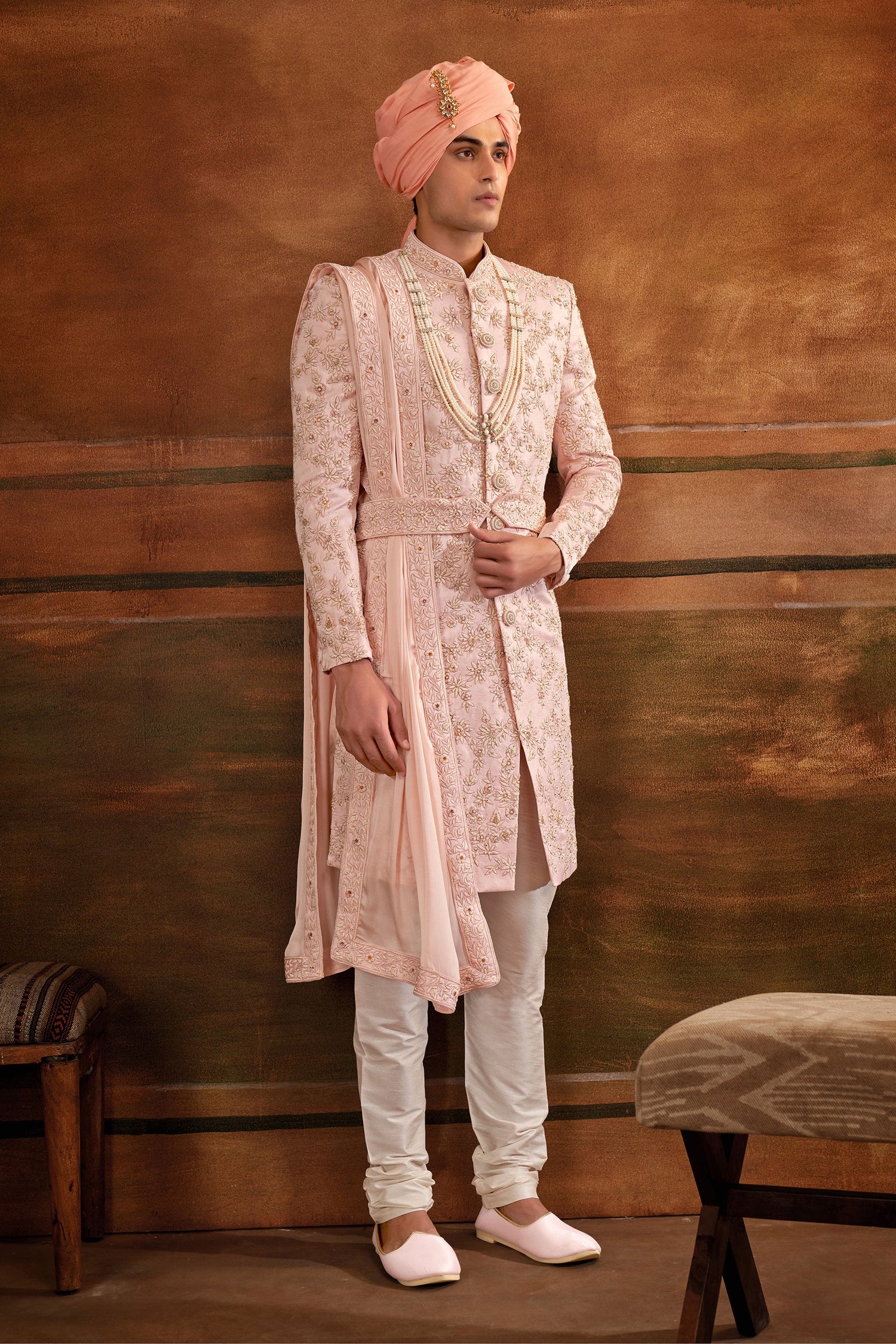 Majestic Pink Art Silk Fabric Hand Work Shrewani