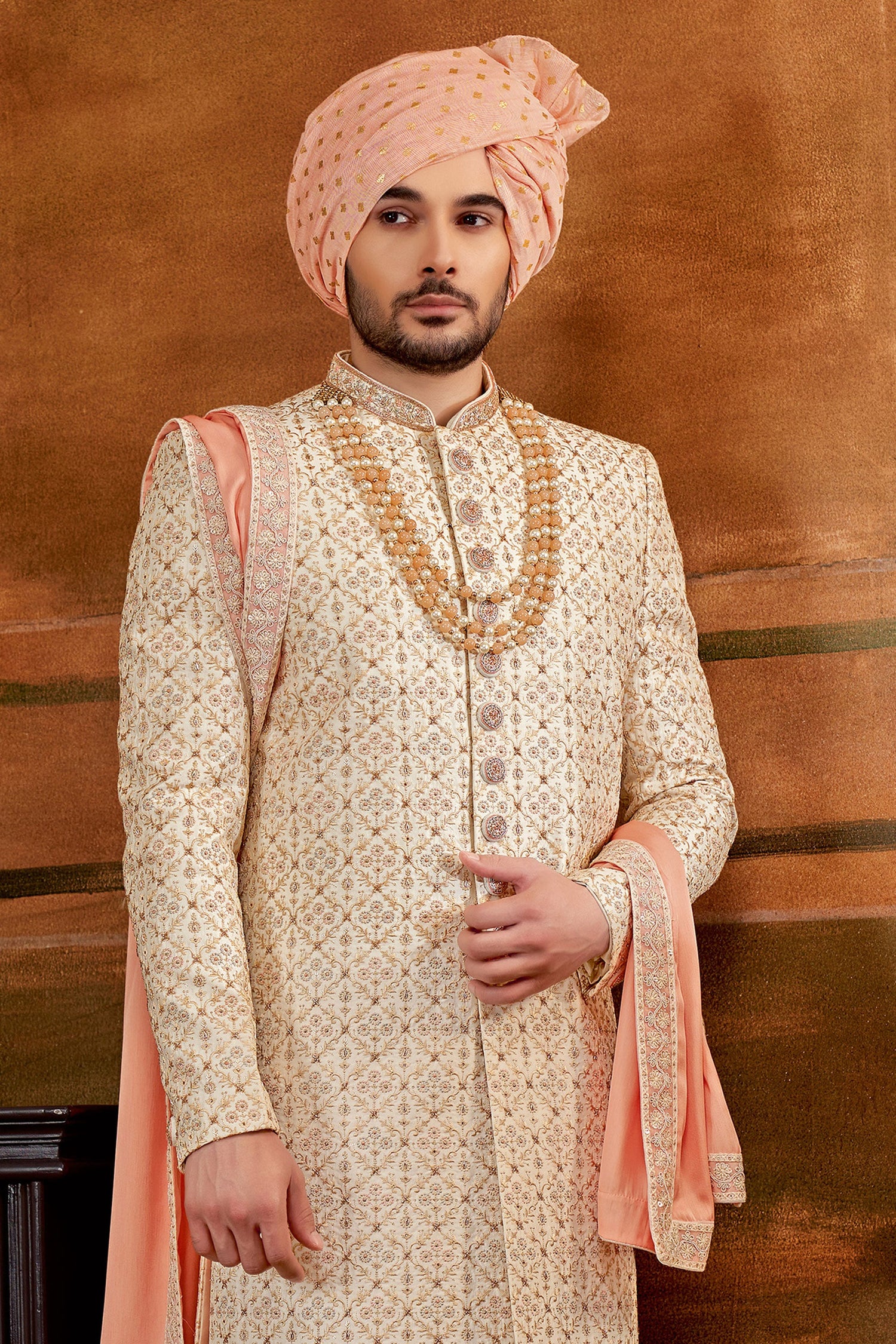 Cream Fascinate Art Silk Fabric Hand Work Shrewani