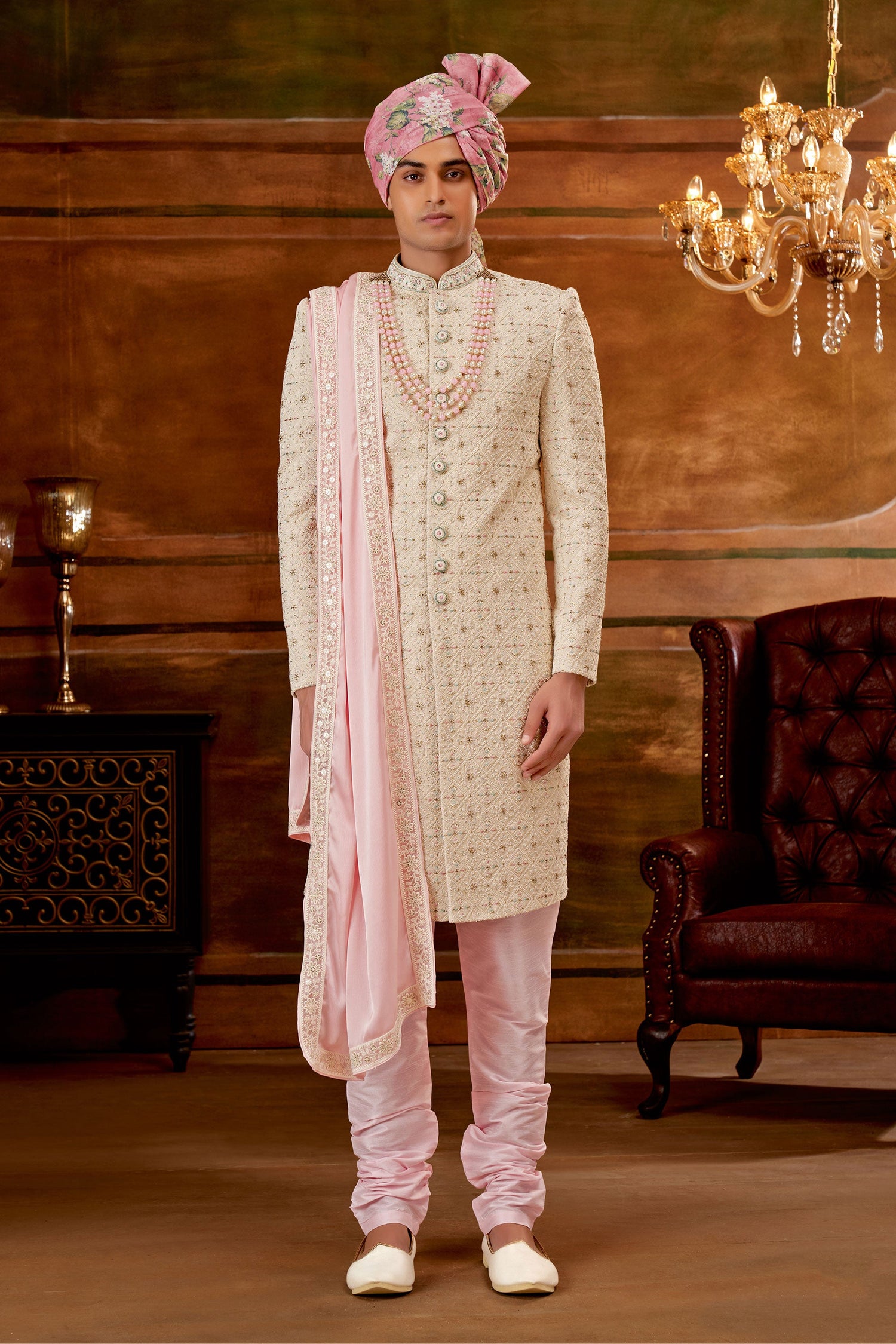 Remarkable Cream Art Silk Fabric Hand Work Shrewani