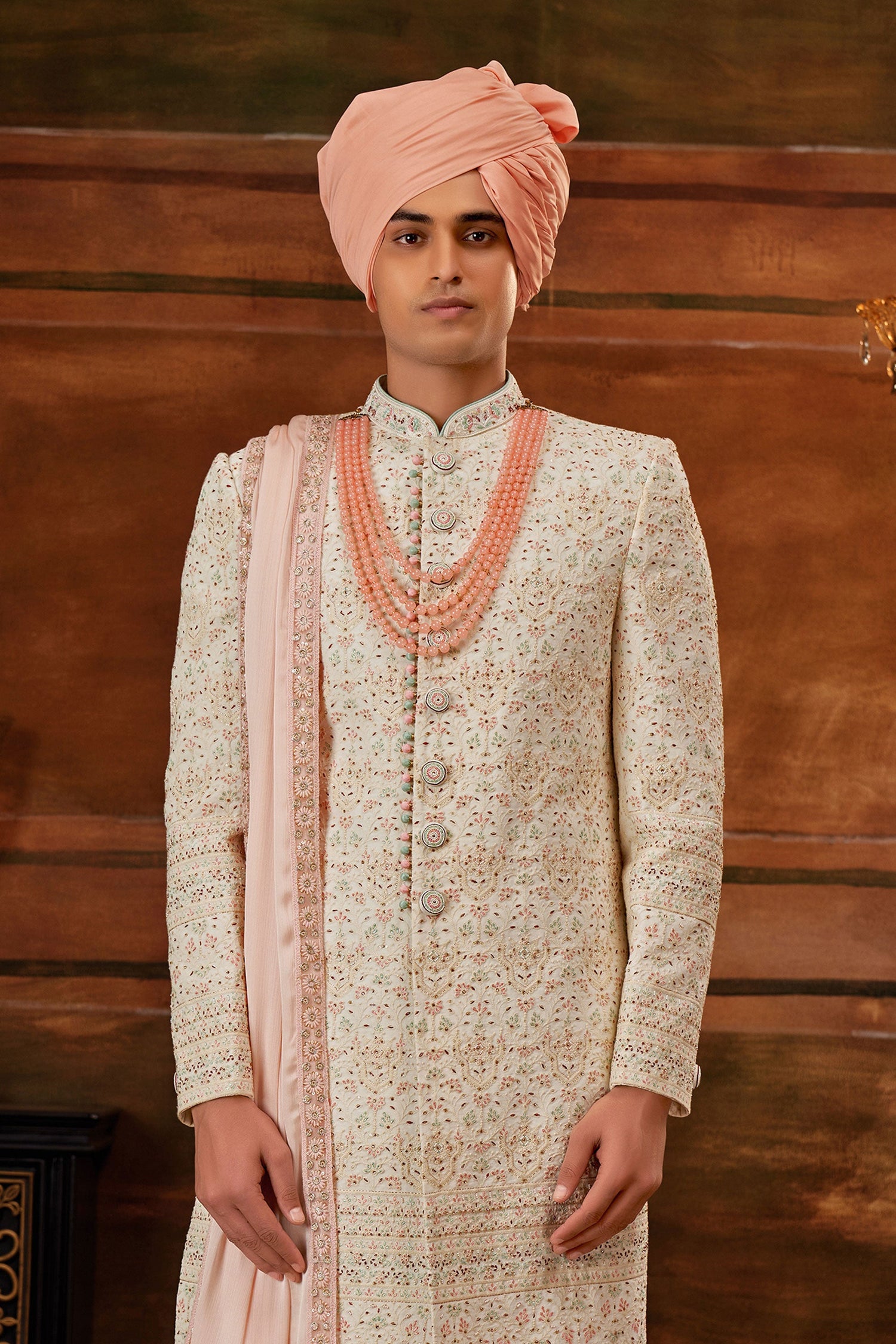 Sober Georgette Fabric Hand Work Shrewani In Cream Color