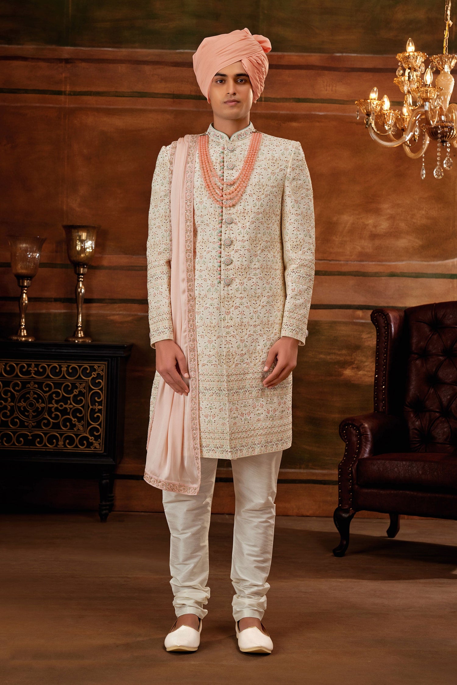 Sober Georgette Fabric Hand Work Shrewani In Cream Color