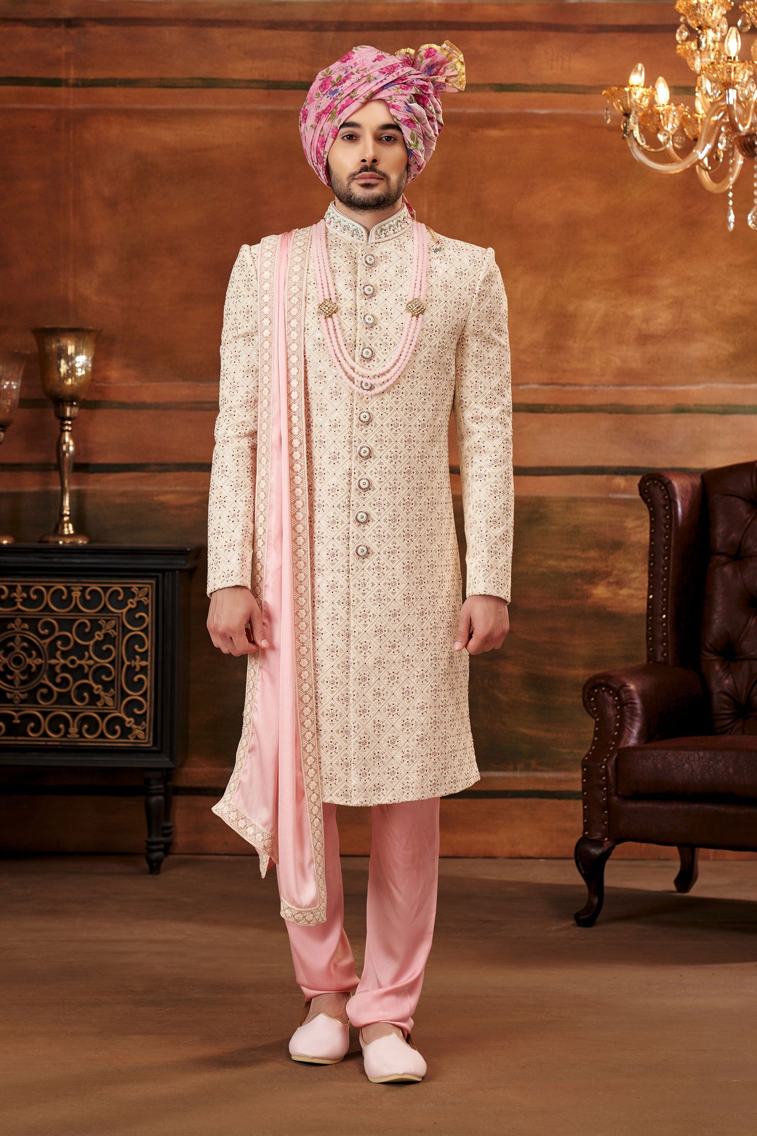 Graceful Cream Georgette Fabric Hand Work Shrewani