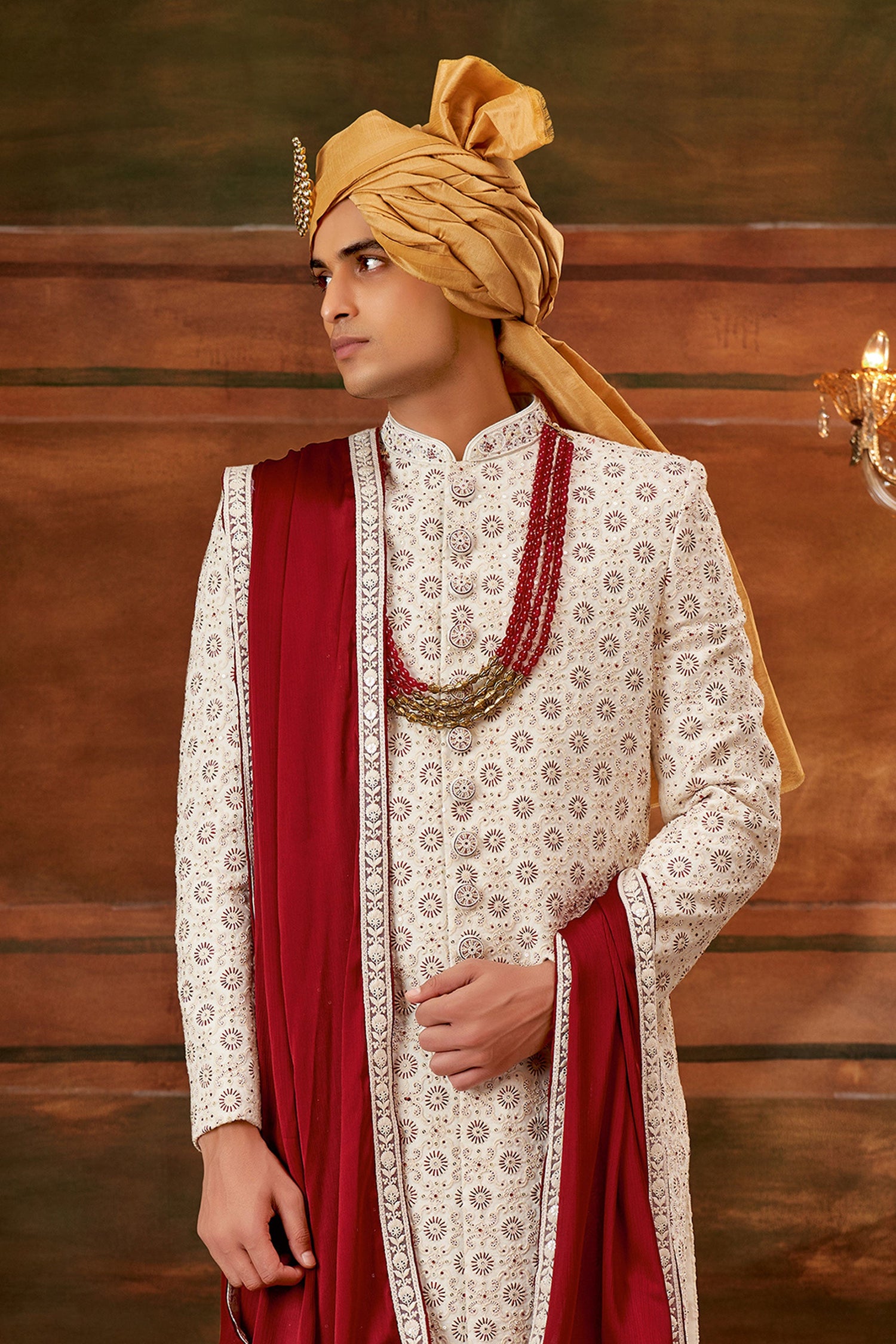 Cream Georgette Fabric Magnificent Hand Work Shrewani