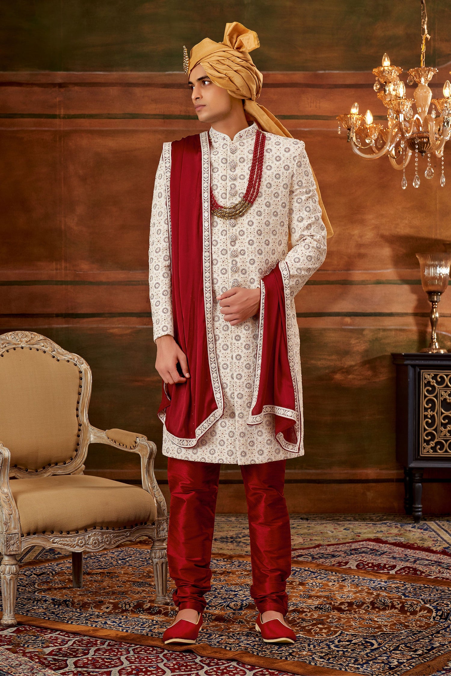 Cream Georgette Fabric Magnificent Hand Work Shrewani