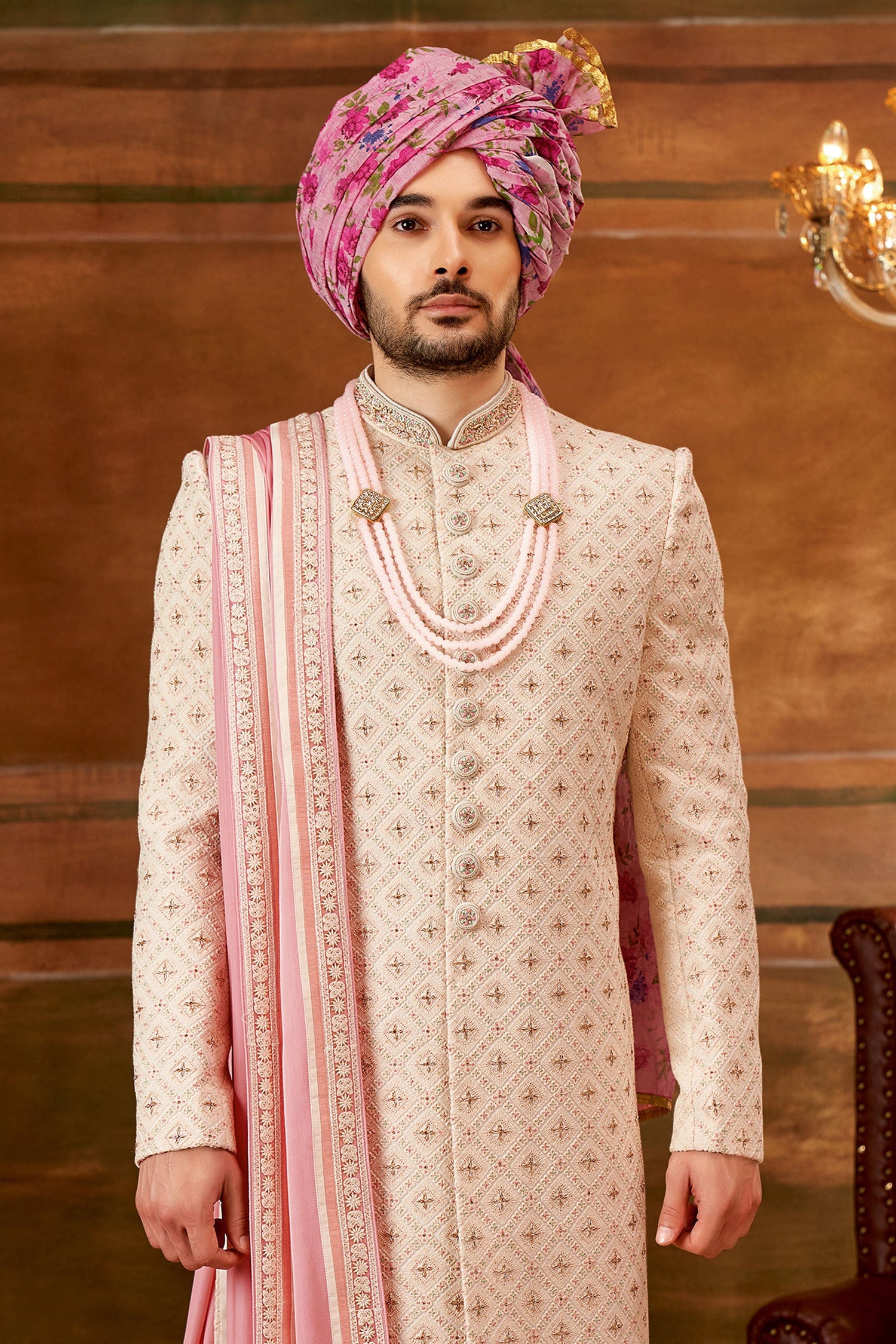 Georgette Fabric Hand Work Shrewani In Artistic Cream Color