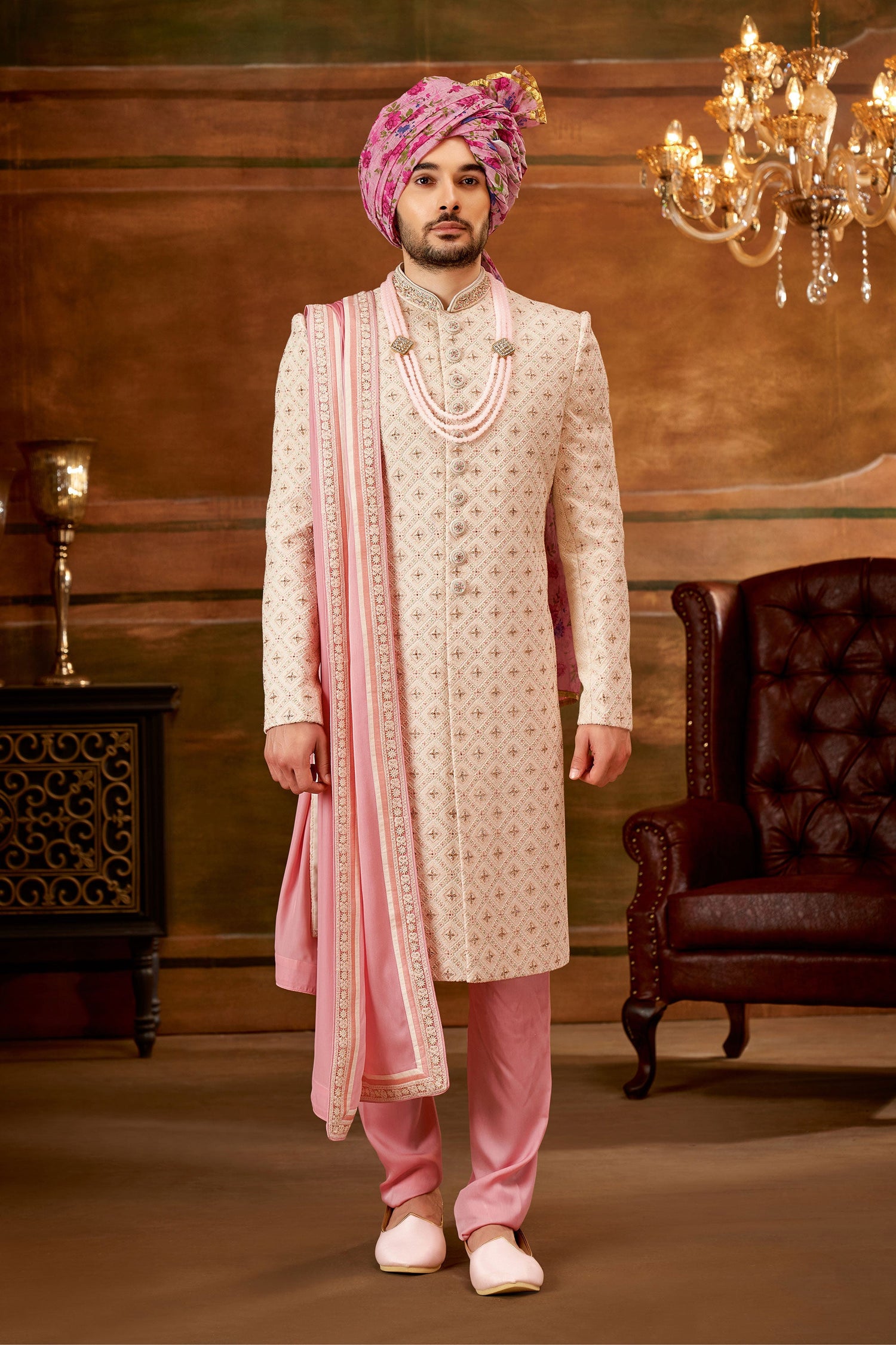 Georgette Fabric Hand Work Shrewani In Artistic Cream Color