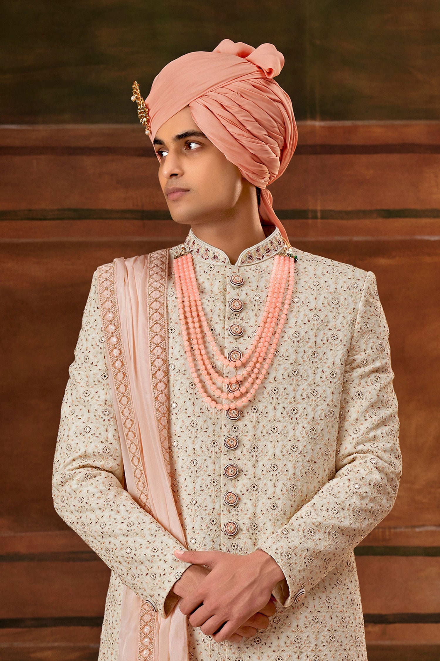 Trendy Textured Cream Georgette Fabric Hand Work Shrewani