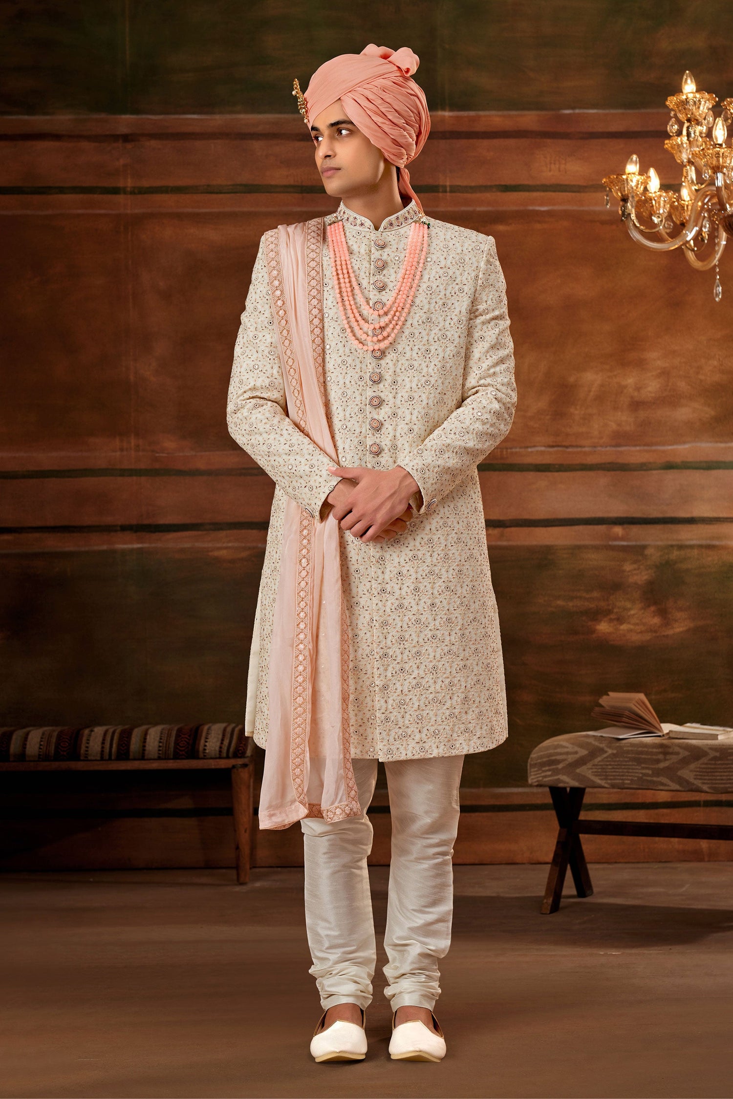 Trendy Textured Cream Georgette Fabric Hand Work Shrewani