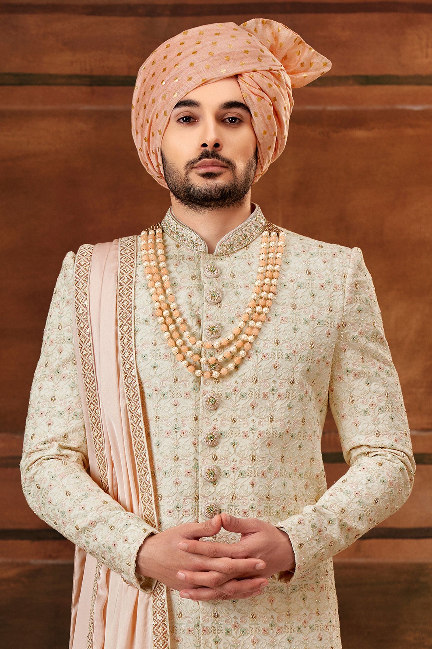 Intriguing Cream Hand Work Shrewani In Georgette Fabric