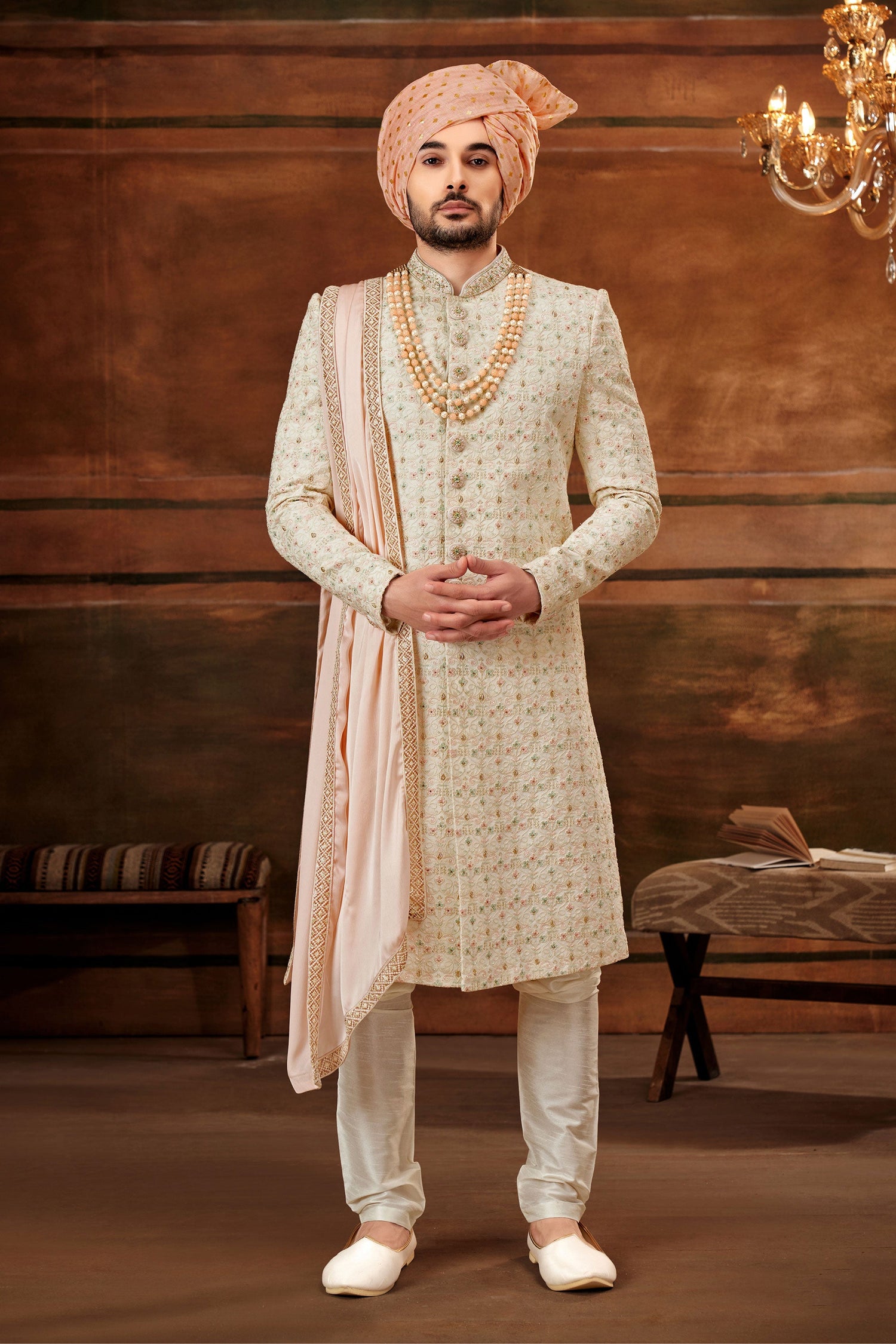 Intriguing Cream Hand Work Shrewani In Georgette Fabric