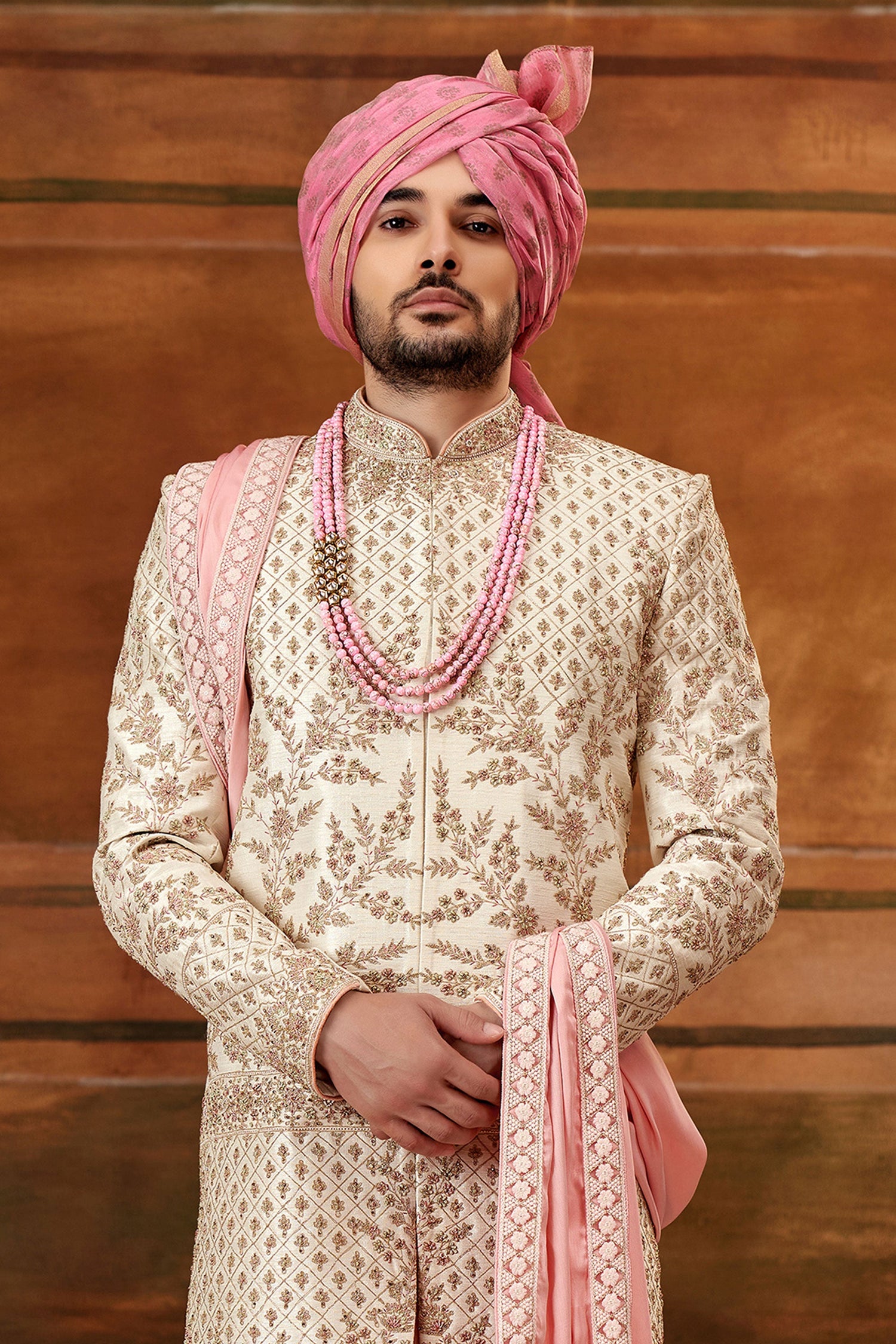 Readymade Cream Art Silk Fabric Royal Hand Work Shrewani