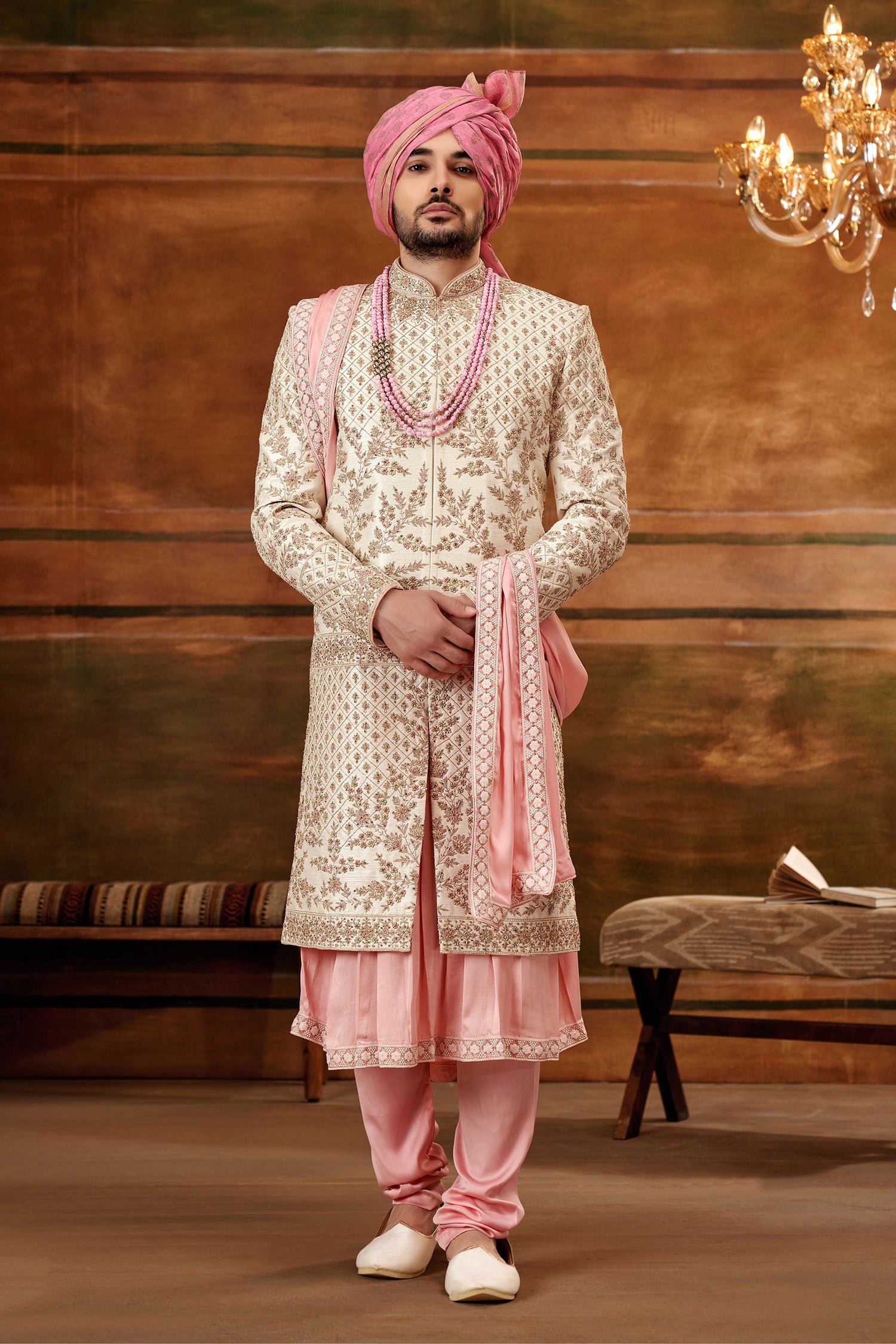 Readymade Cream Art Silk Fabric Royal Hand Work Shrewani