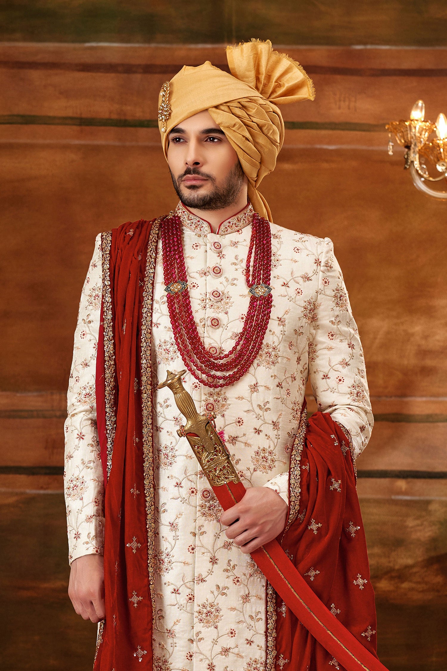 Off White Art Silk Fabric Engrossing Hand Work Shrewani