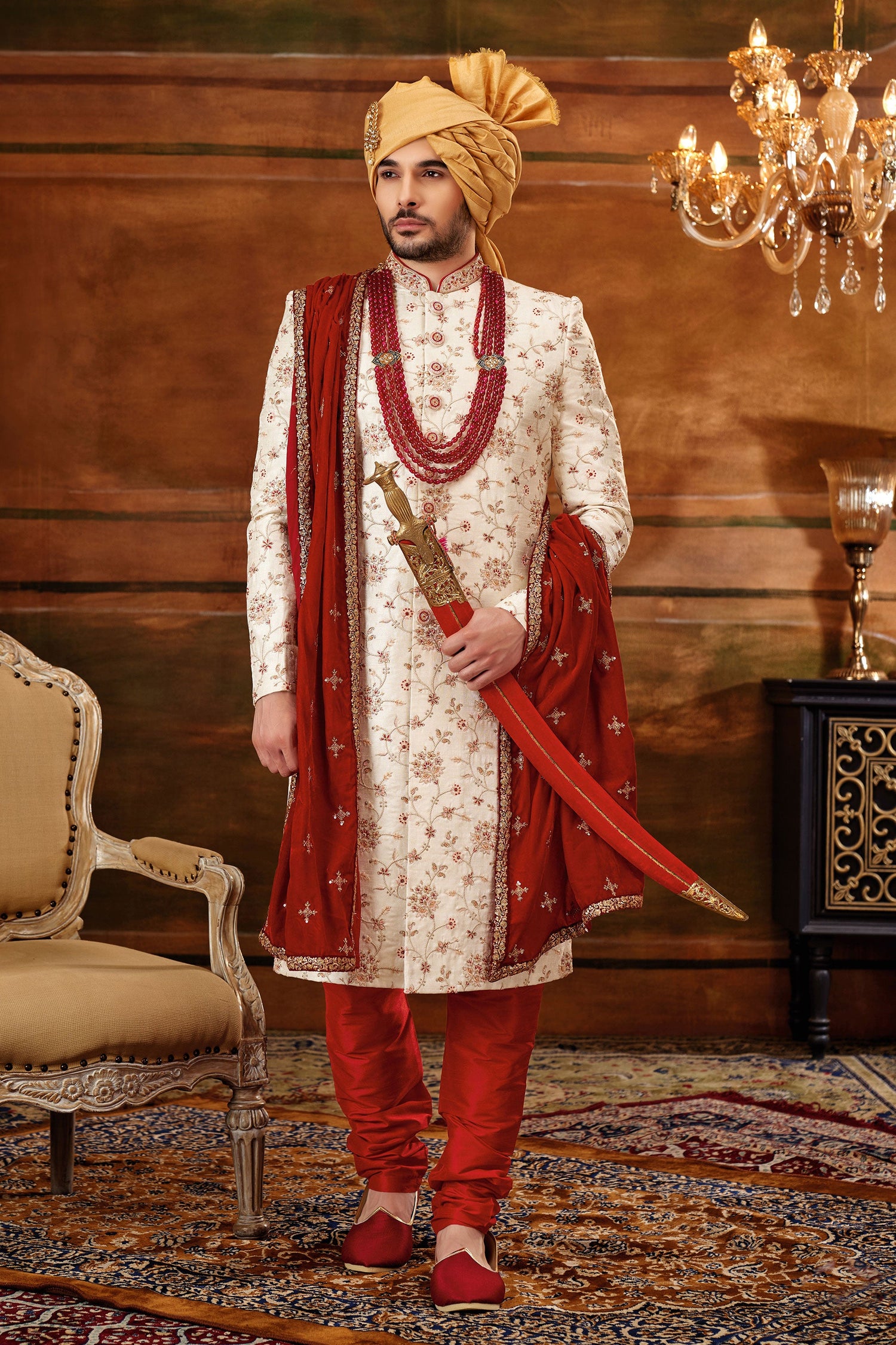 Off White Art Silk Fabric Engrossing Hand Work Shrewani